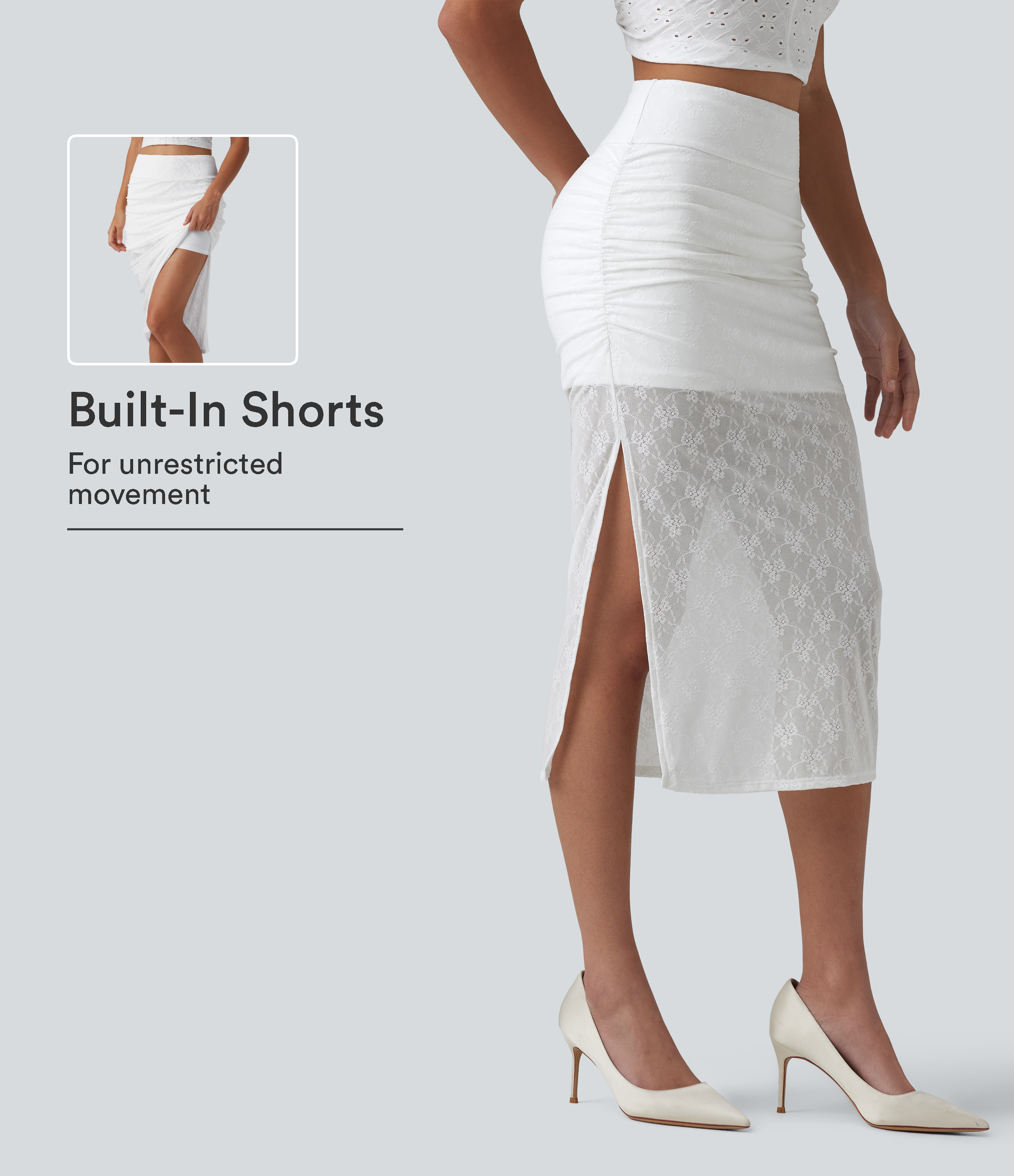 High-waisted 2-in-1 Ruched Split Bodycon Midi Bridesmaid And Wedding Guest Lace Skirt