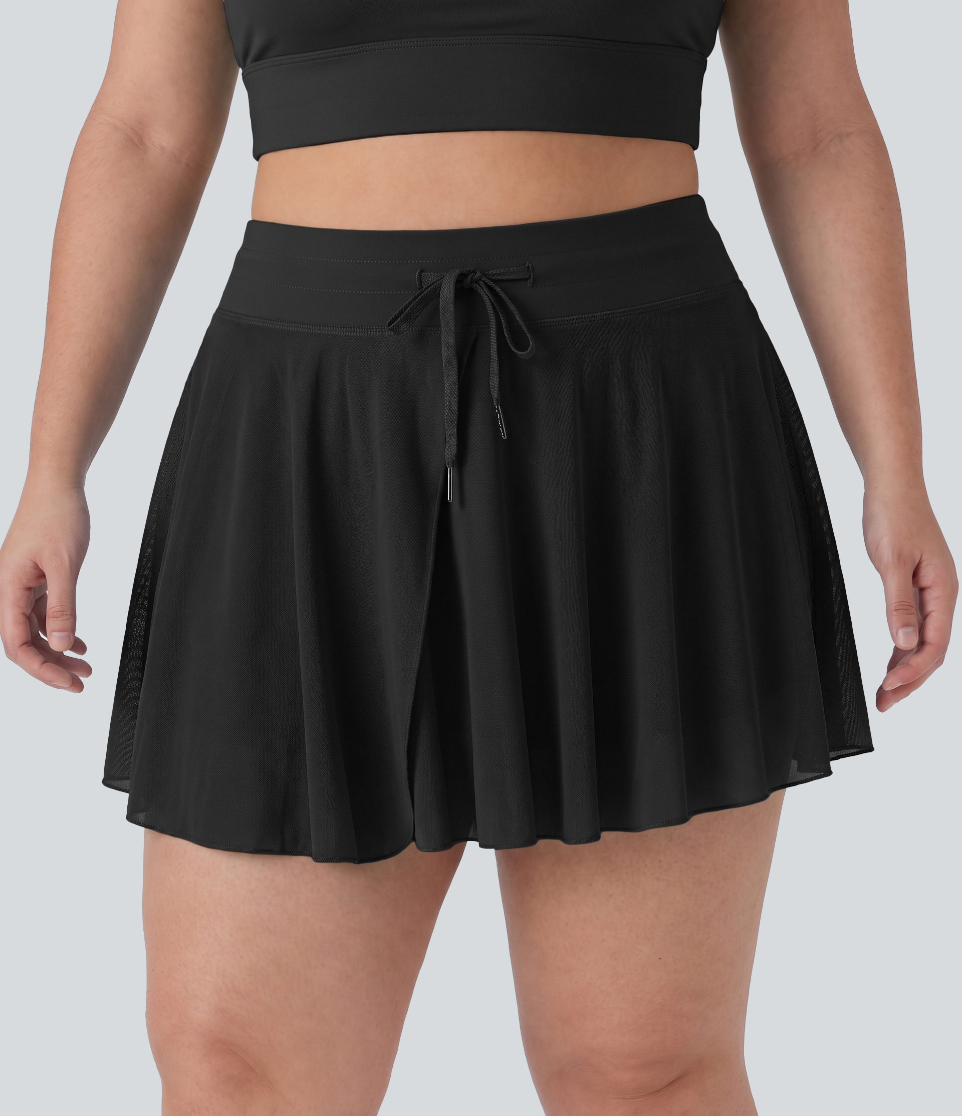 Plus Size High Waisted Drawstring Contrast Mesh 2-in-1 Flowy Mini Flare Casual Skirt with  Pockets-Longer Length