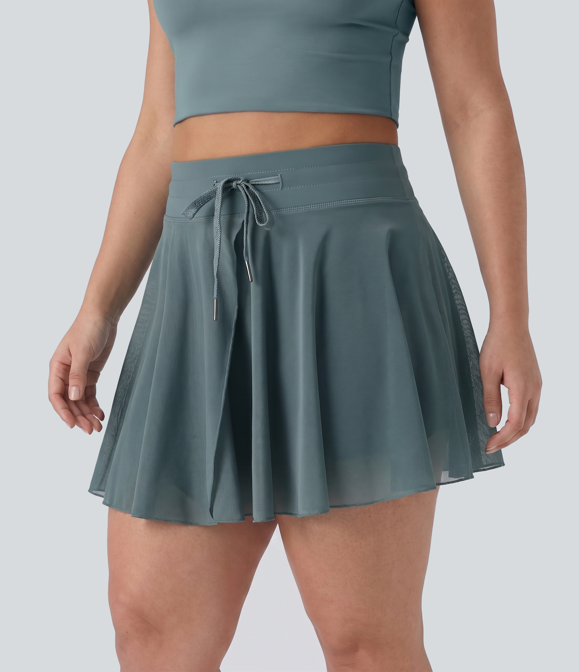 Plus Size High Waisted Drawstring Contrast Mesh 2-in-1 Flowy Mini Flare Casual Skirt with  Pockets-Longer Length