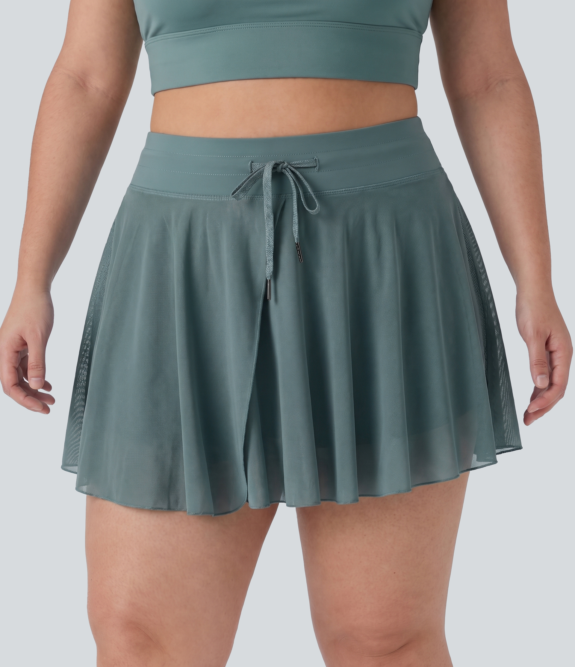 Plus size nederdel med høj talje og snøre i taljen, kontrastnet, 2-i-1 - luftig mini med flare, hverdagsnederdel med lommer, længere længde