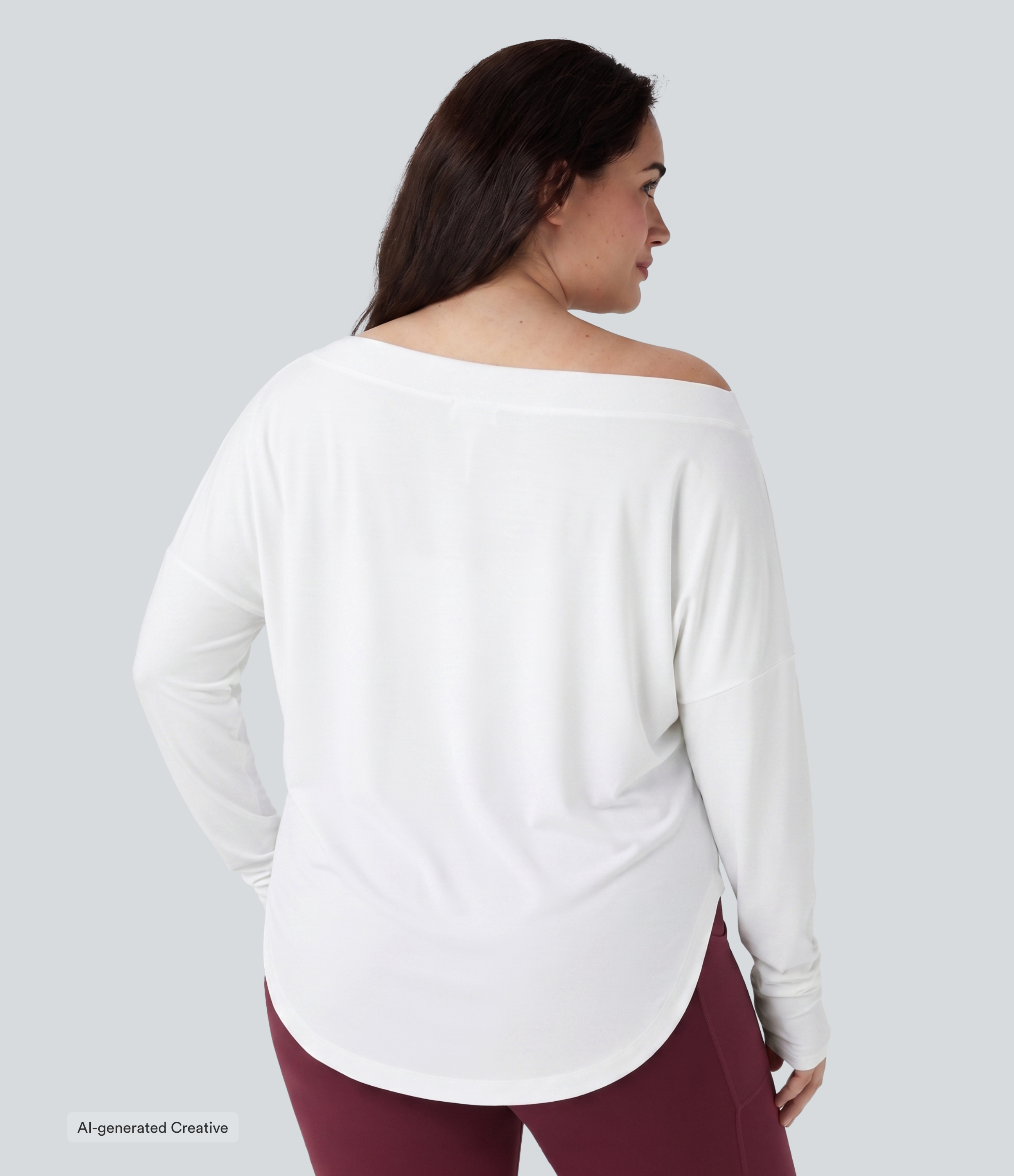 Blanco Top deportivo de yoga talla grande de un solo hombro, manga larga con abertura para el pulgar, dobladillo curvo alto-bajo y tejido de secado rápido / 2