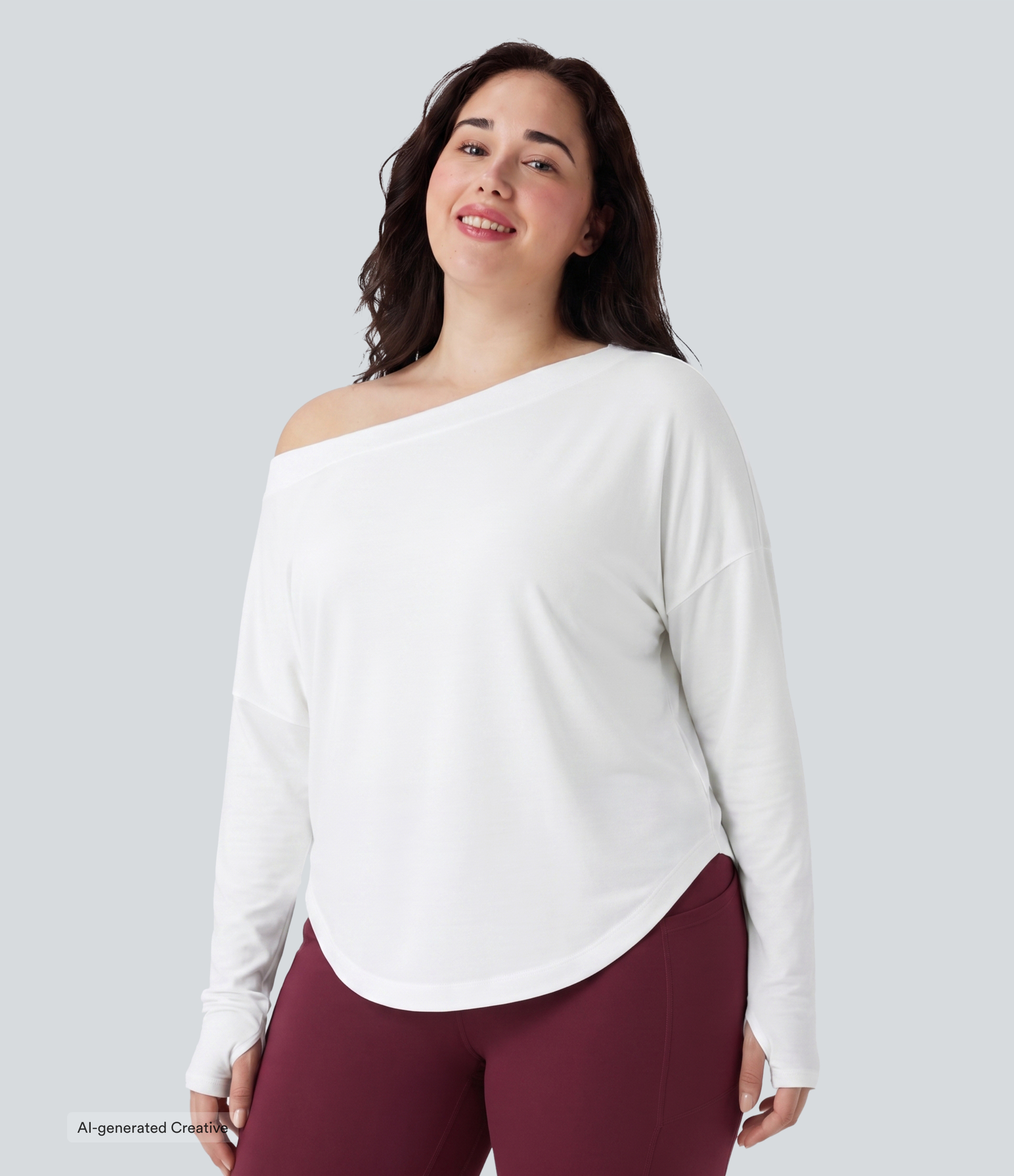 Plus Size One Shoulder Long Sleeve Thumb Hole Curved Hem High Low Quick Dry Yoga Sports Top