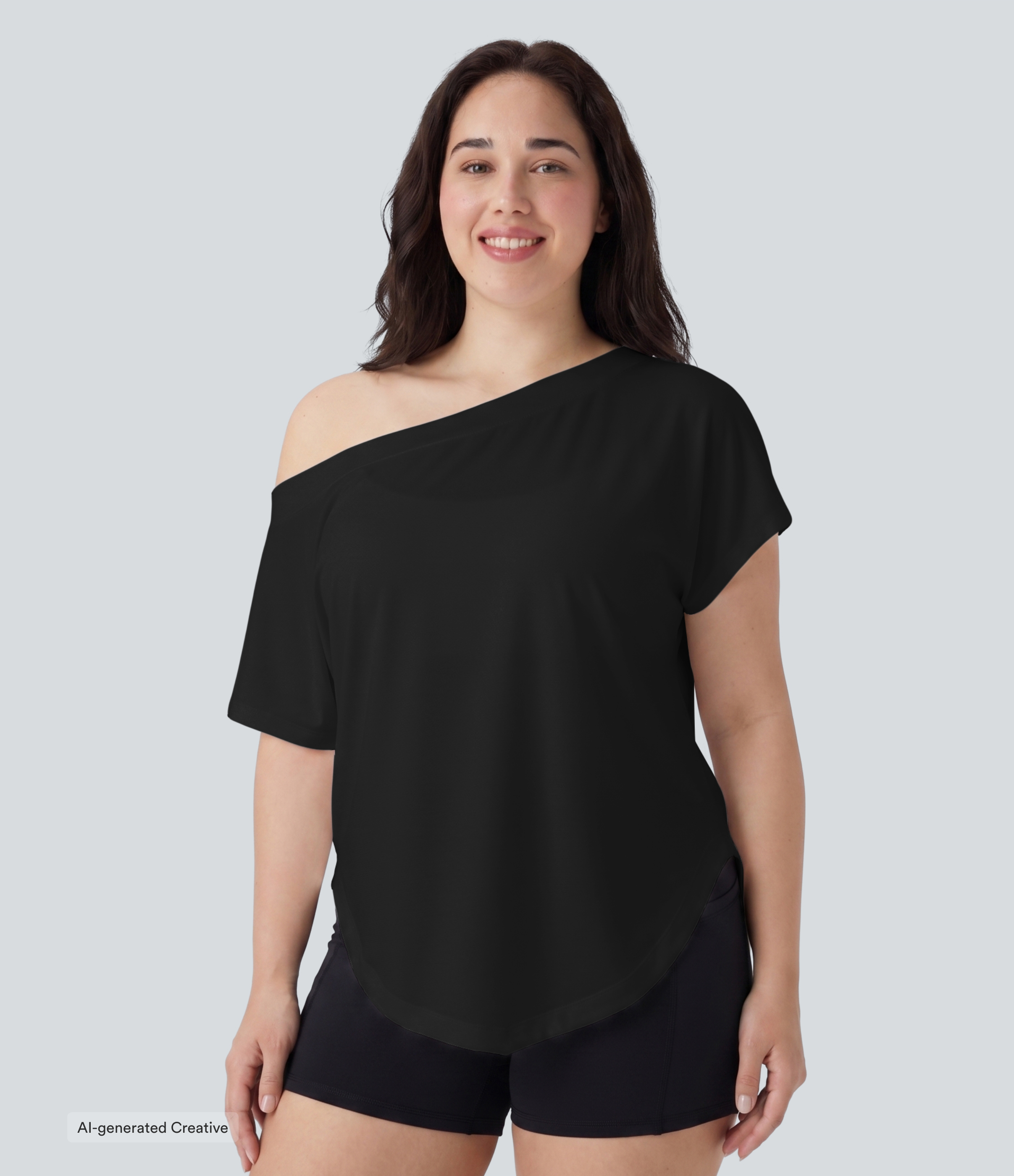 Plus Size One Shoulder Short Sleeve Curved Hem High Low Quick Dry Yoga Sports Top