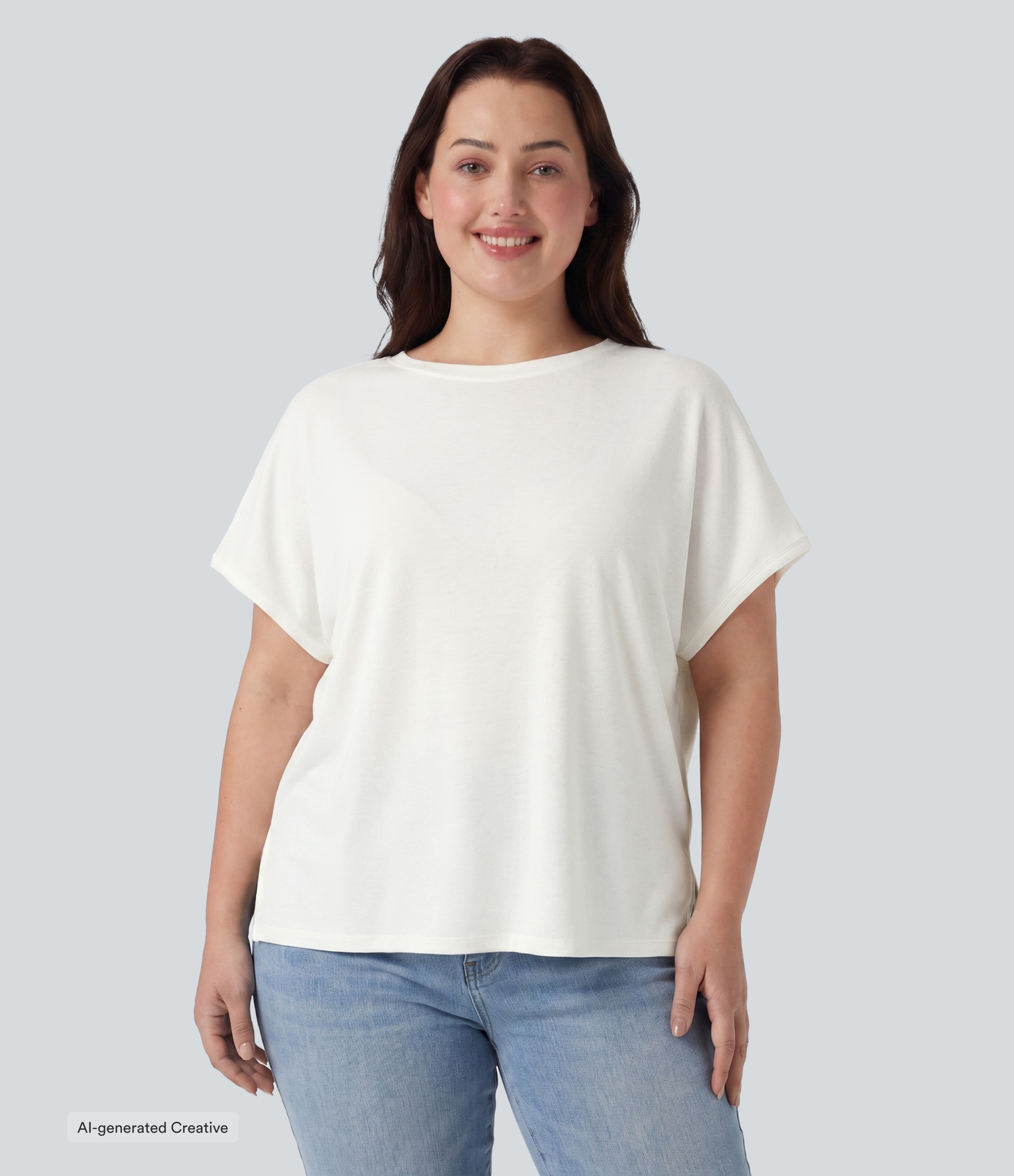 T-shirt grande taille à encolure ronde et manches chauve‑souris, style décontracté