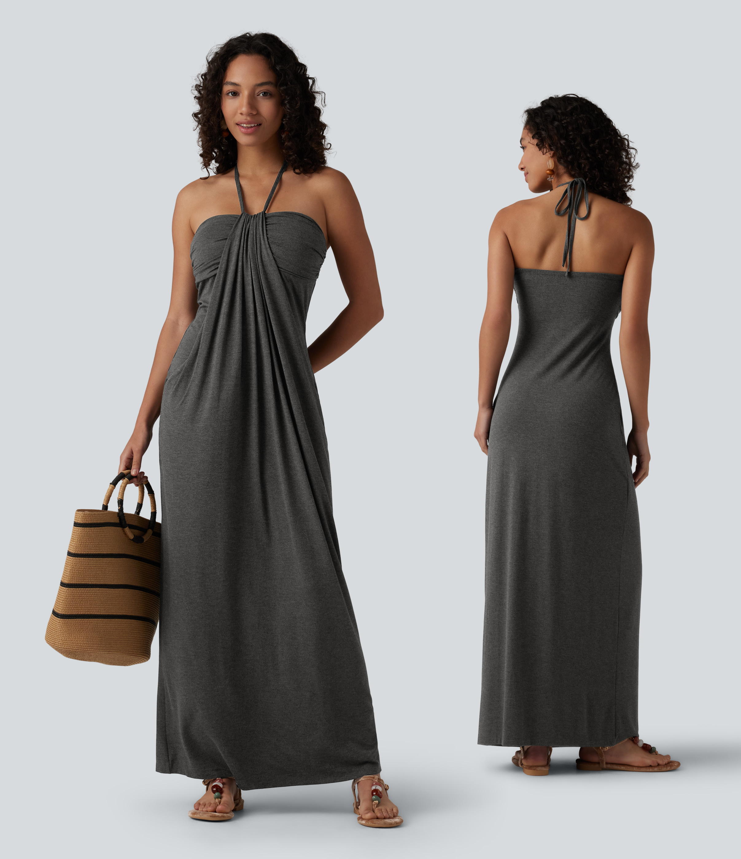 Halter Tie Back Built-in Bra Maxi Dress with Pockets