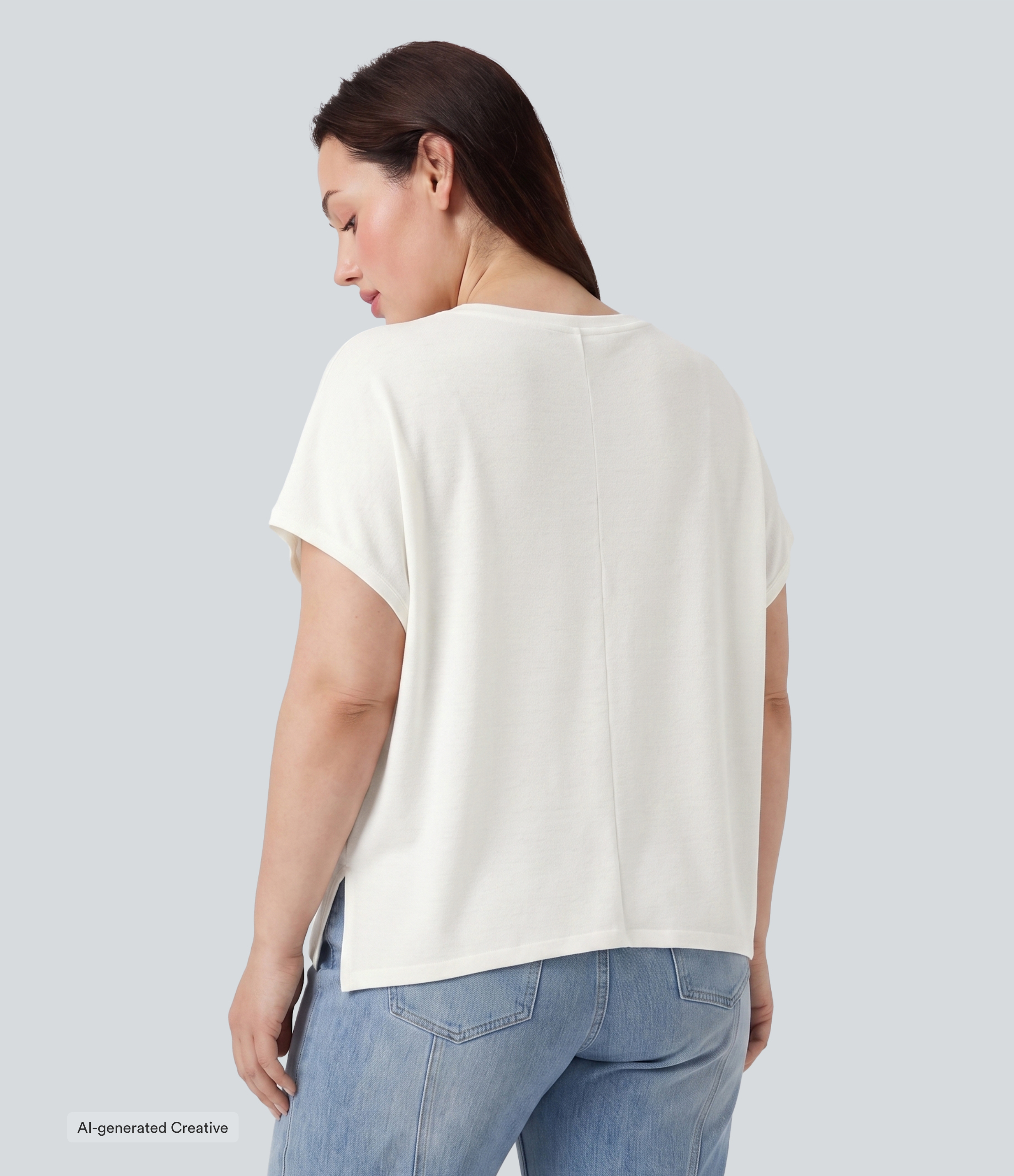 White Plus Size Round Neck Batwing Sleeve Relaxed Casual T-Shirt / 2
