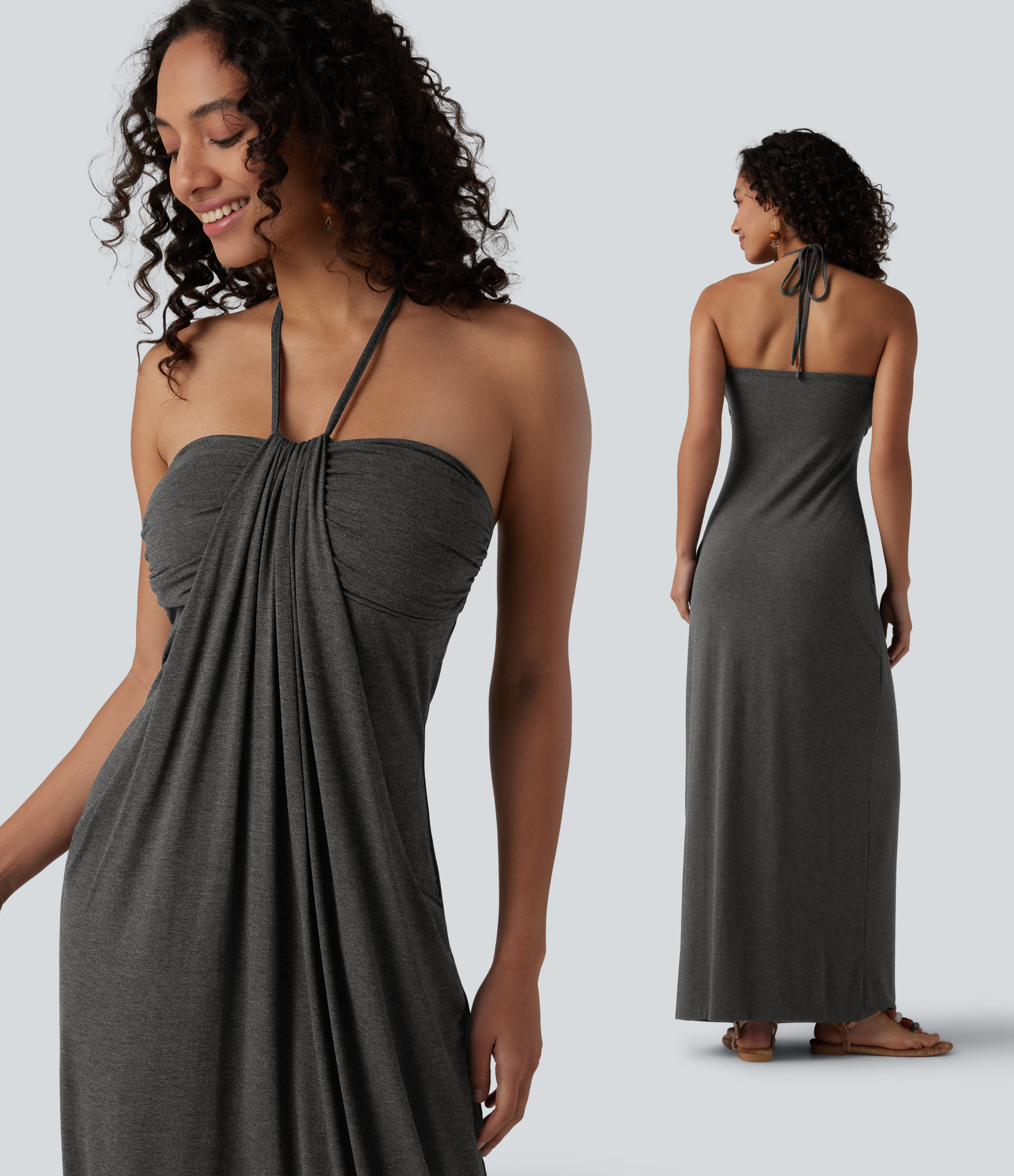 Halter Tie Back Built-in Bra Maxi Dress with Pockets