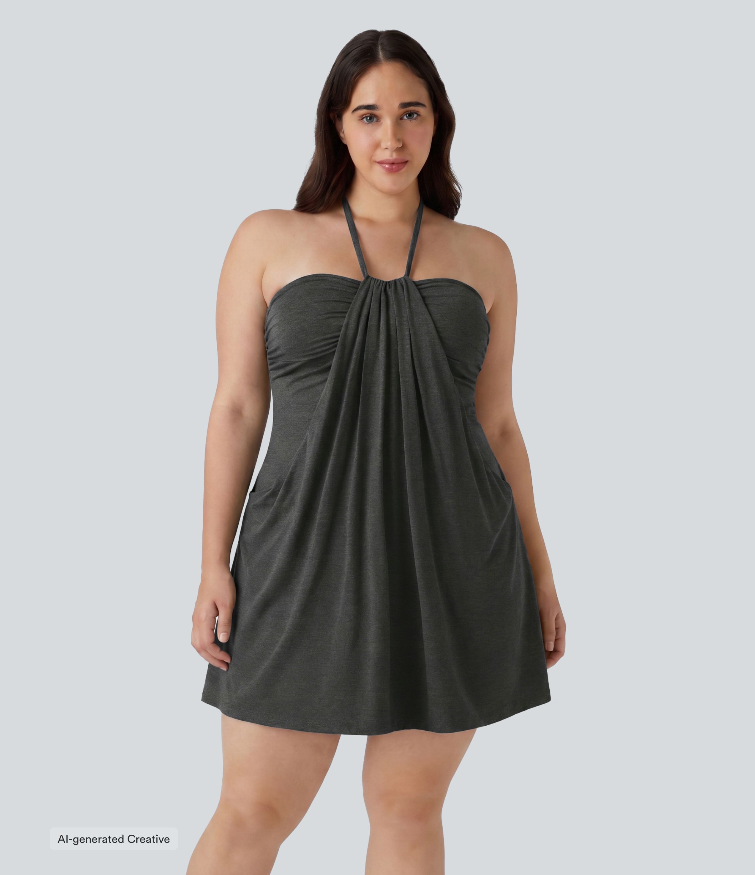 Robe mini de villégiature grande taille à col halter, dos à nouer et poches