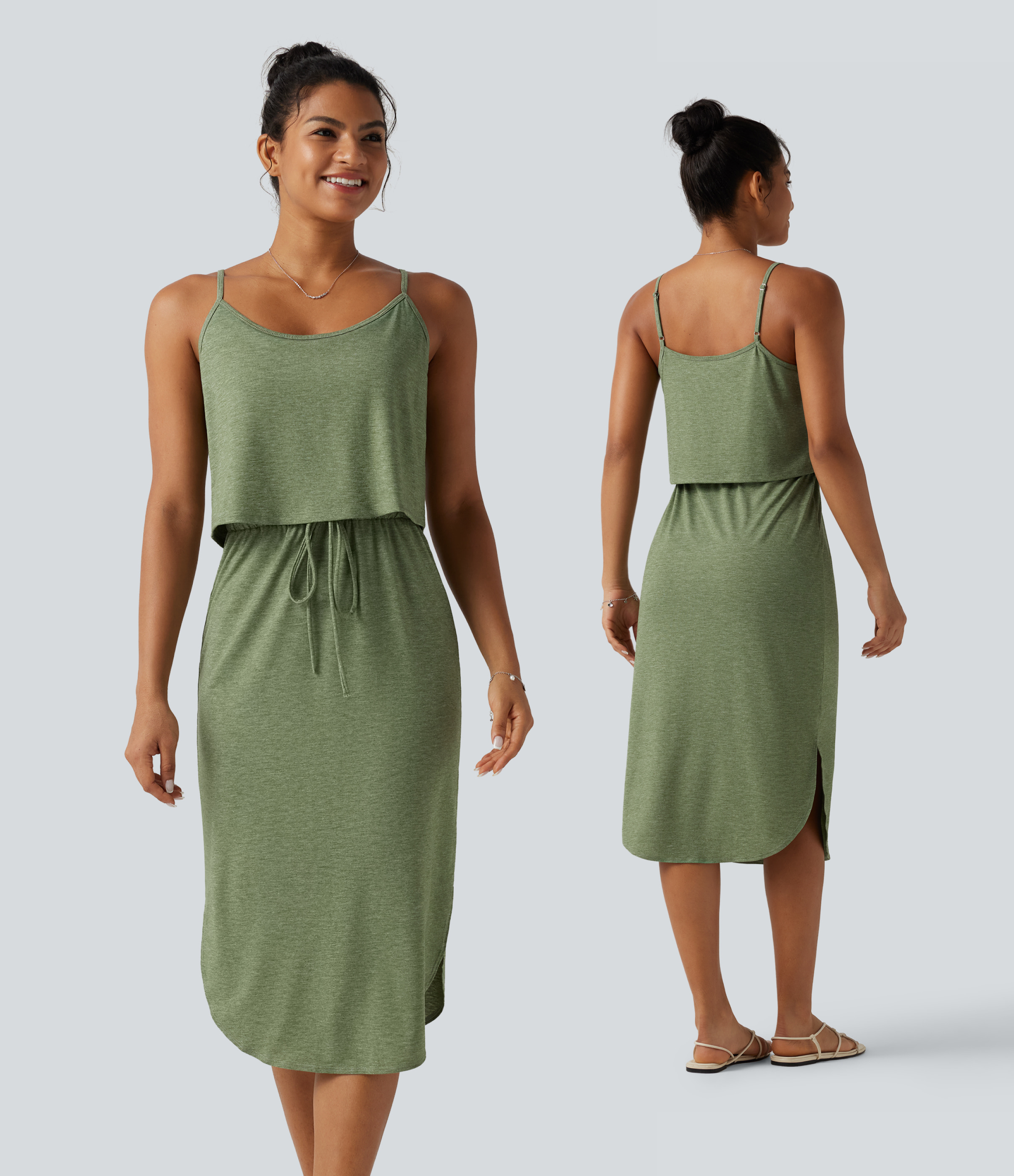 Drawstring Curved Split Hem Midi Casual Slip Dress