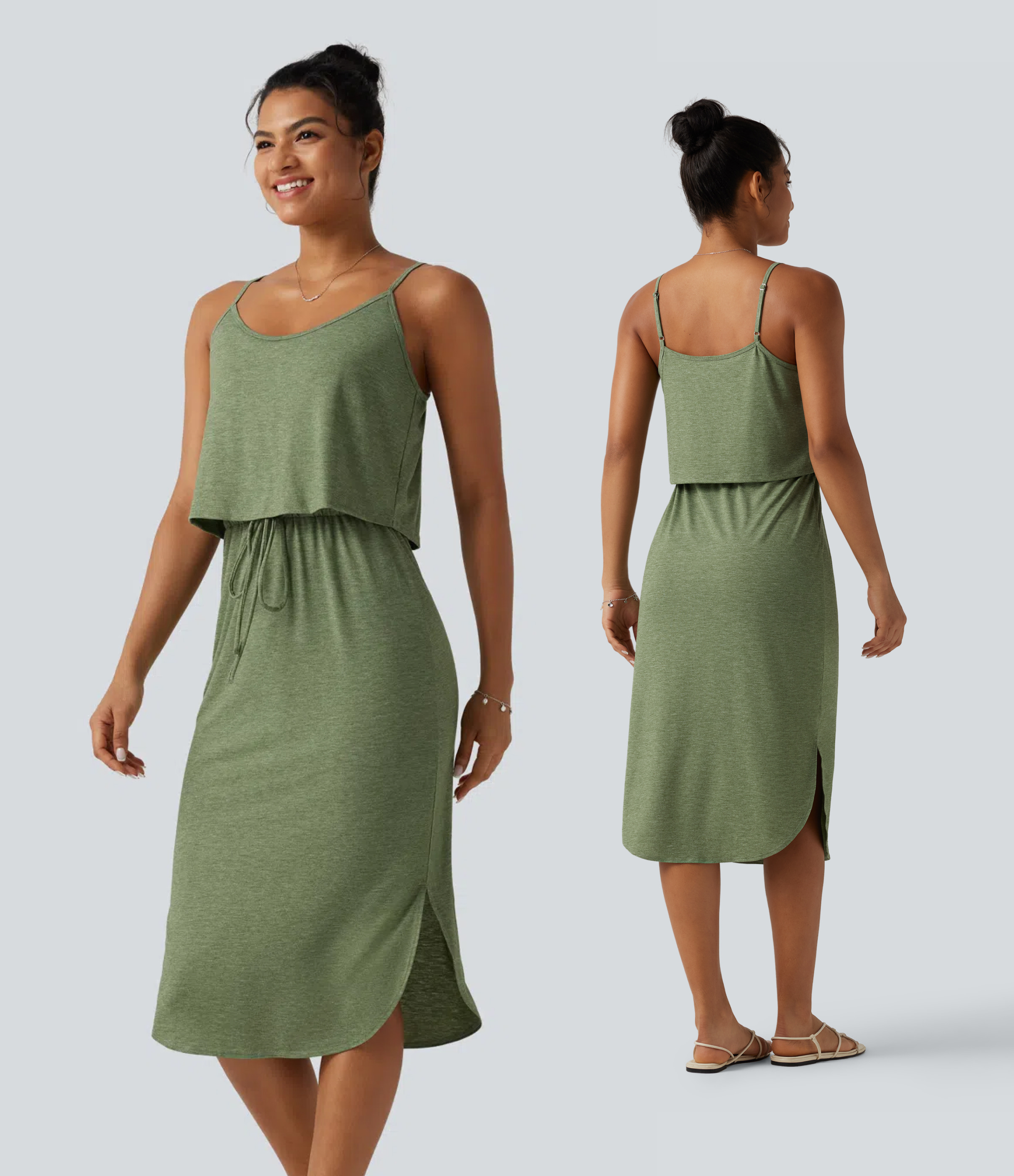 Drawstring Curved Split Hem Midi Casual Slip Dress