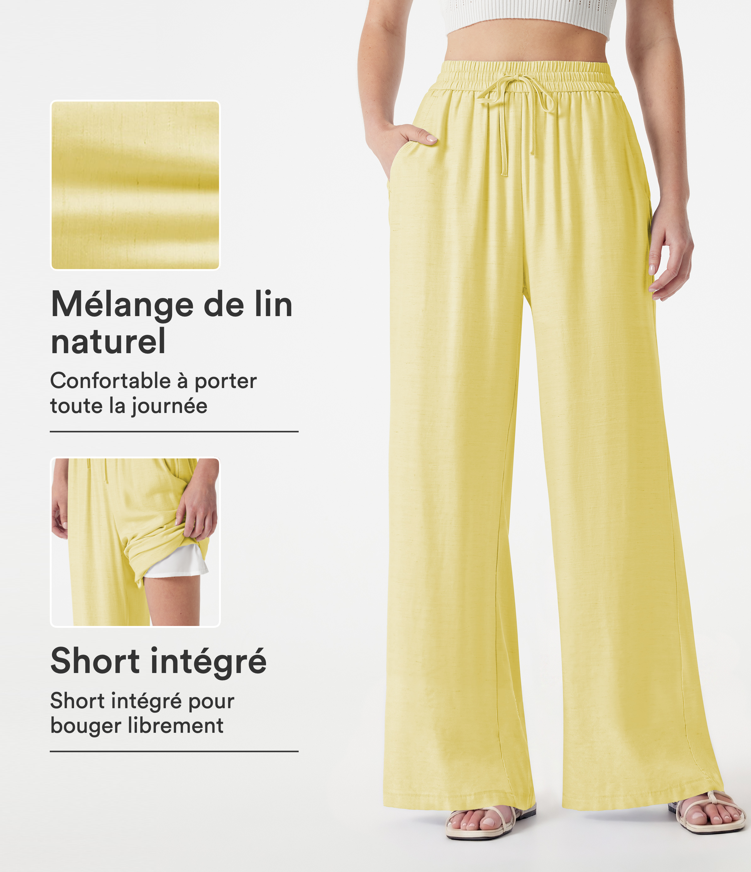 Pantalon large 2-en-1 casual en mélange de lin taille haute avec cordon et poches