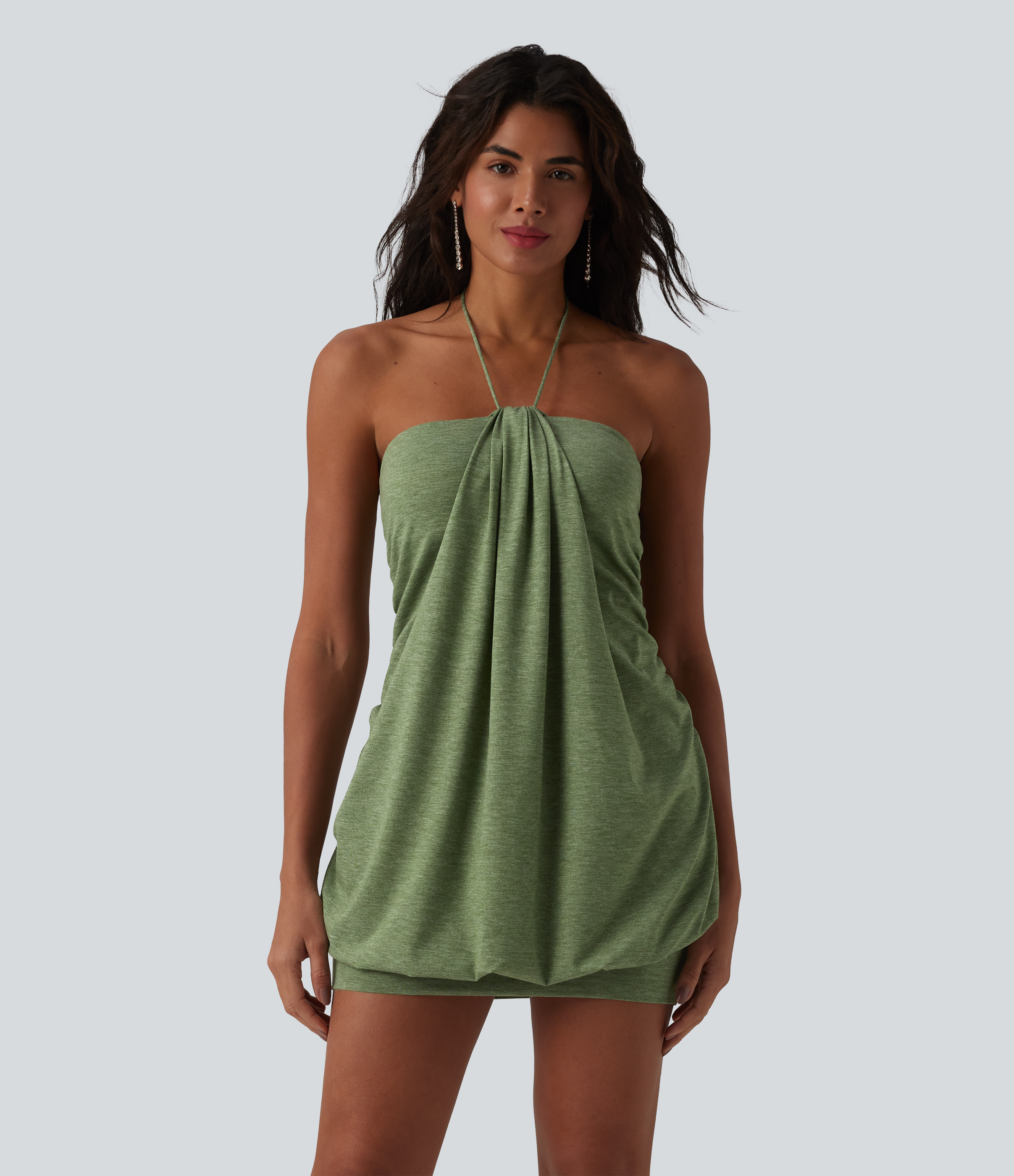 Light Green Floral Yarn Halter Tie Back Built-in Bra Bodycon Micro Mini Dress / 2