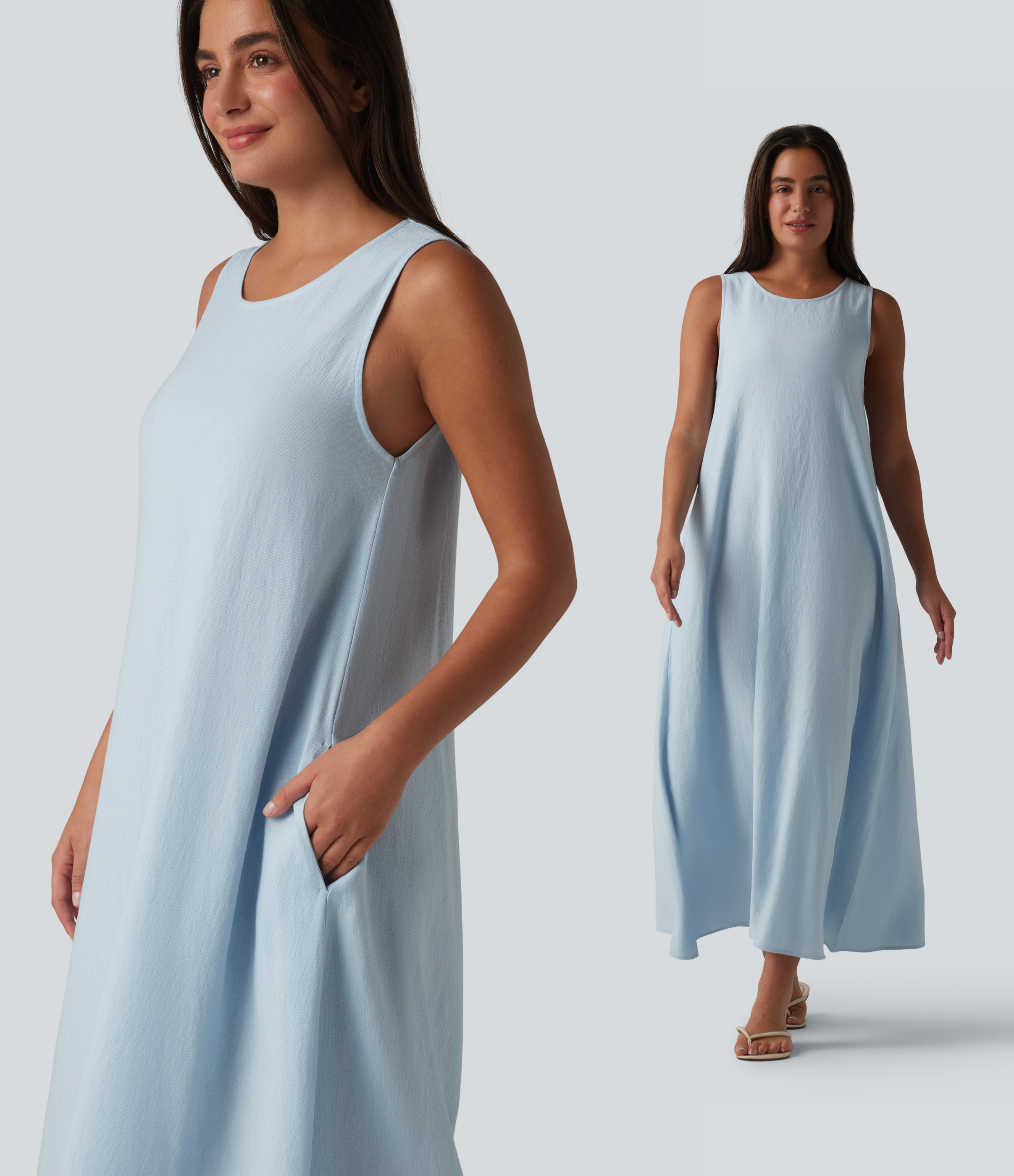 Round Neck Sleeveless Midi Plain Casual Tank Dress with Pockets