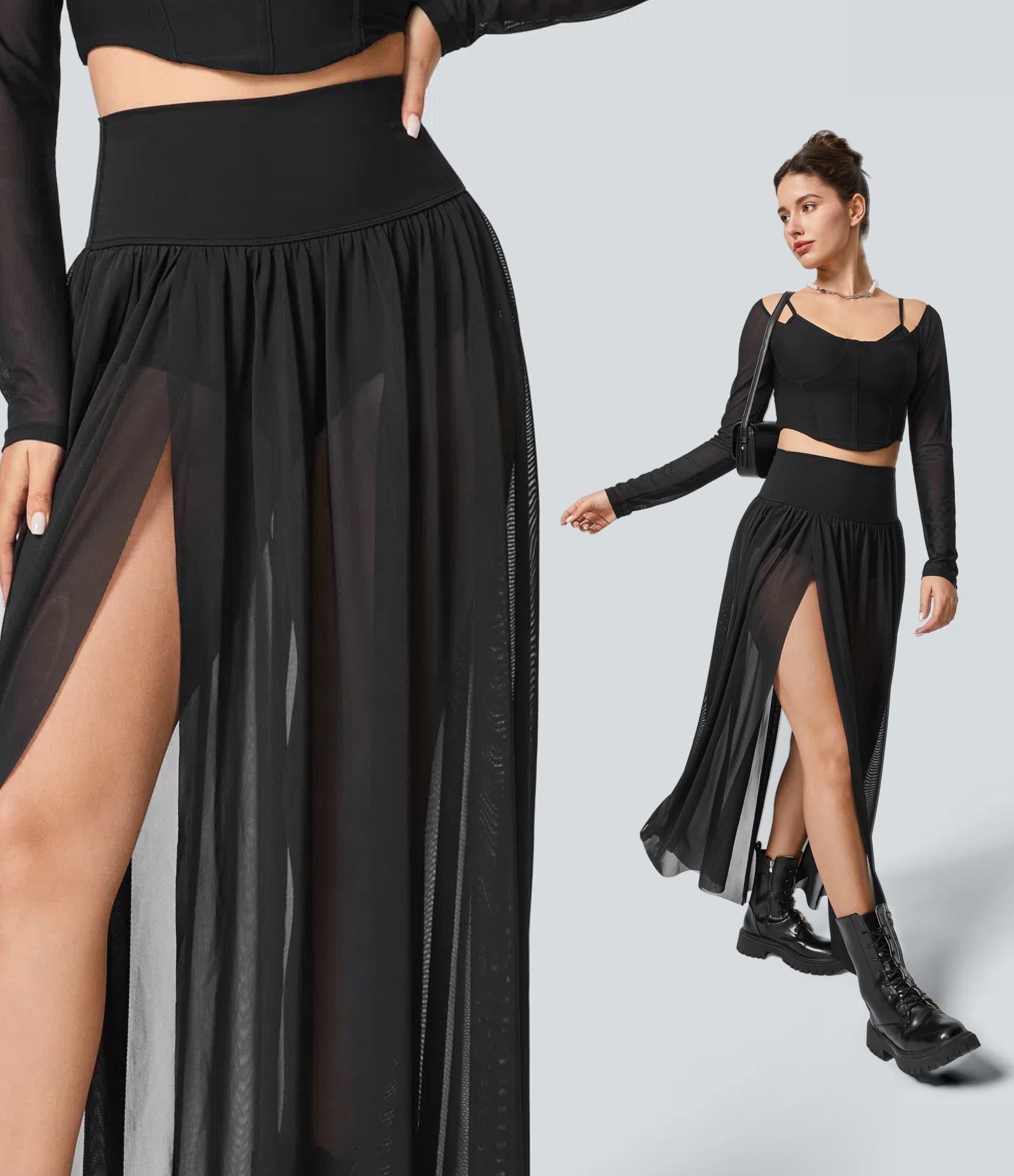 High Waisted Split 2-in-1 Mesh Flowy Maxi Casual Skirt