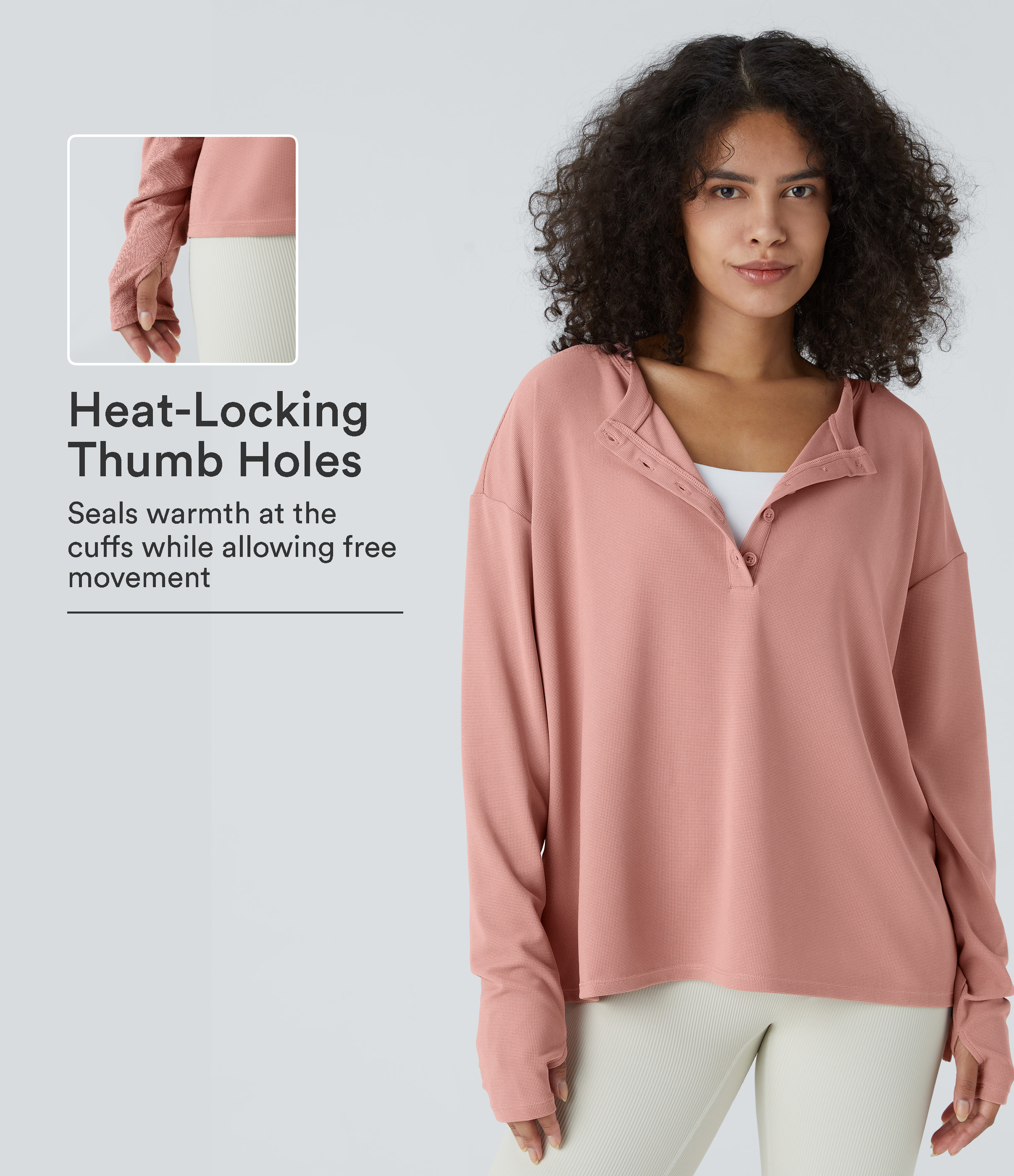 Rose Tan Sudadera casual de tejido waffle con abertura para el pulgar en la parte delantera / 1