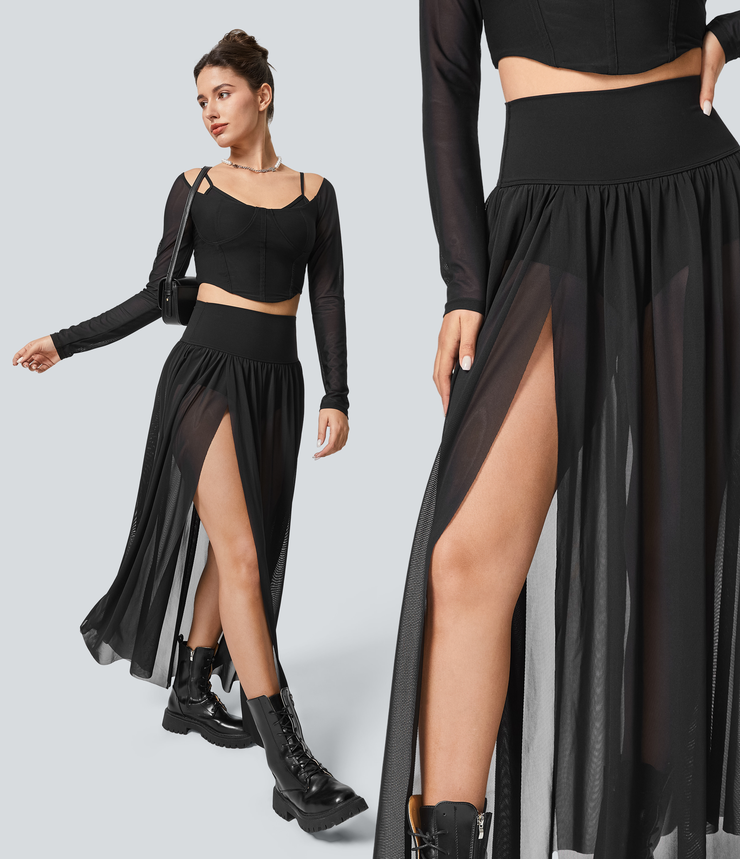 High Waisted Split 2-in-1 Mesh Flowy Maxi Casual Skirt