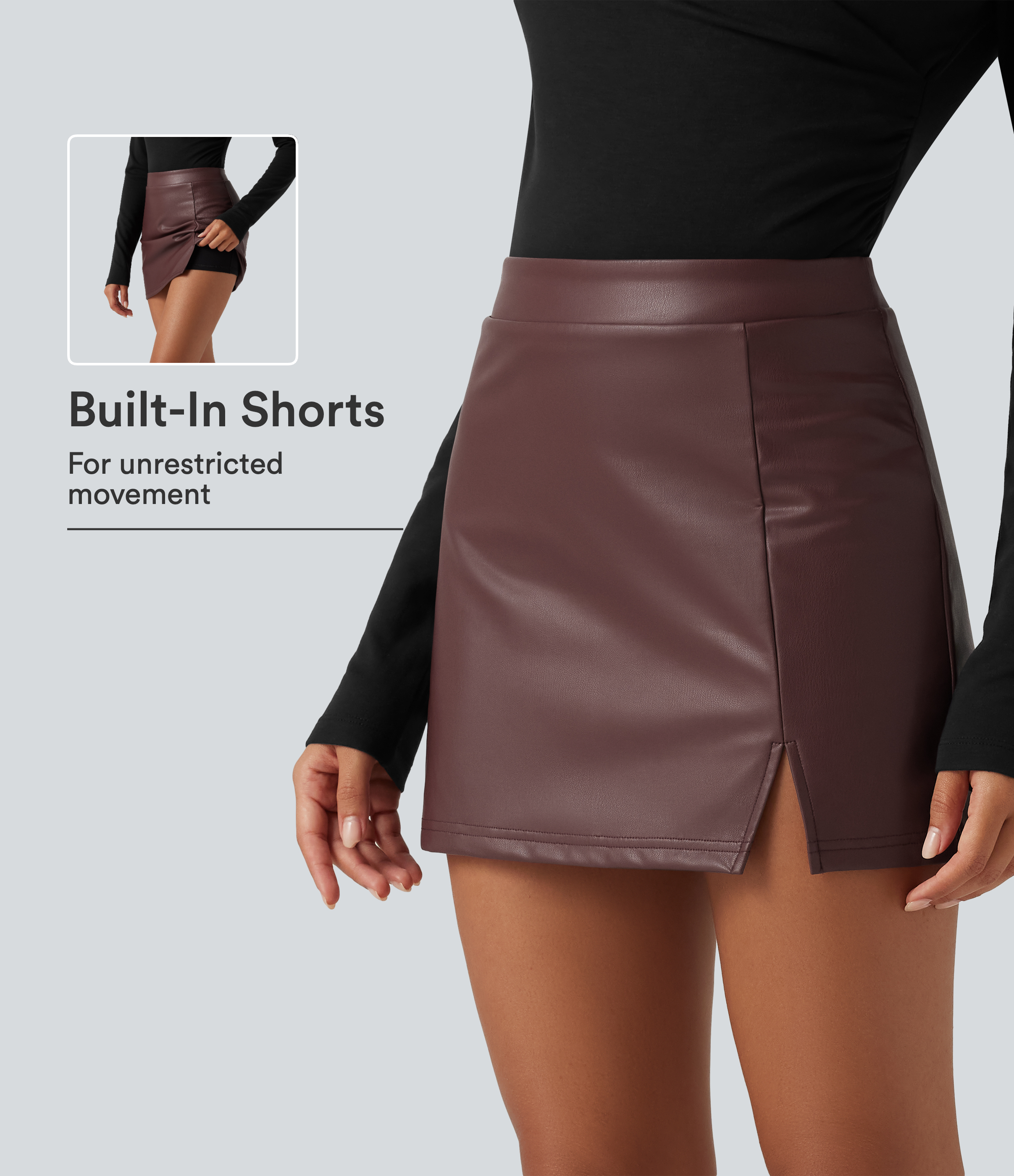 High Waisted 2-in-1 Mini Fleece Casual PU Leather Skirt