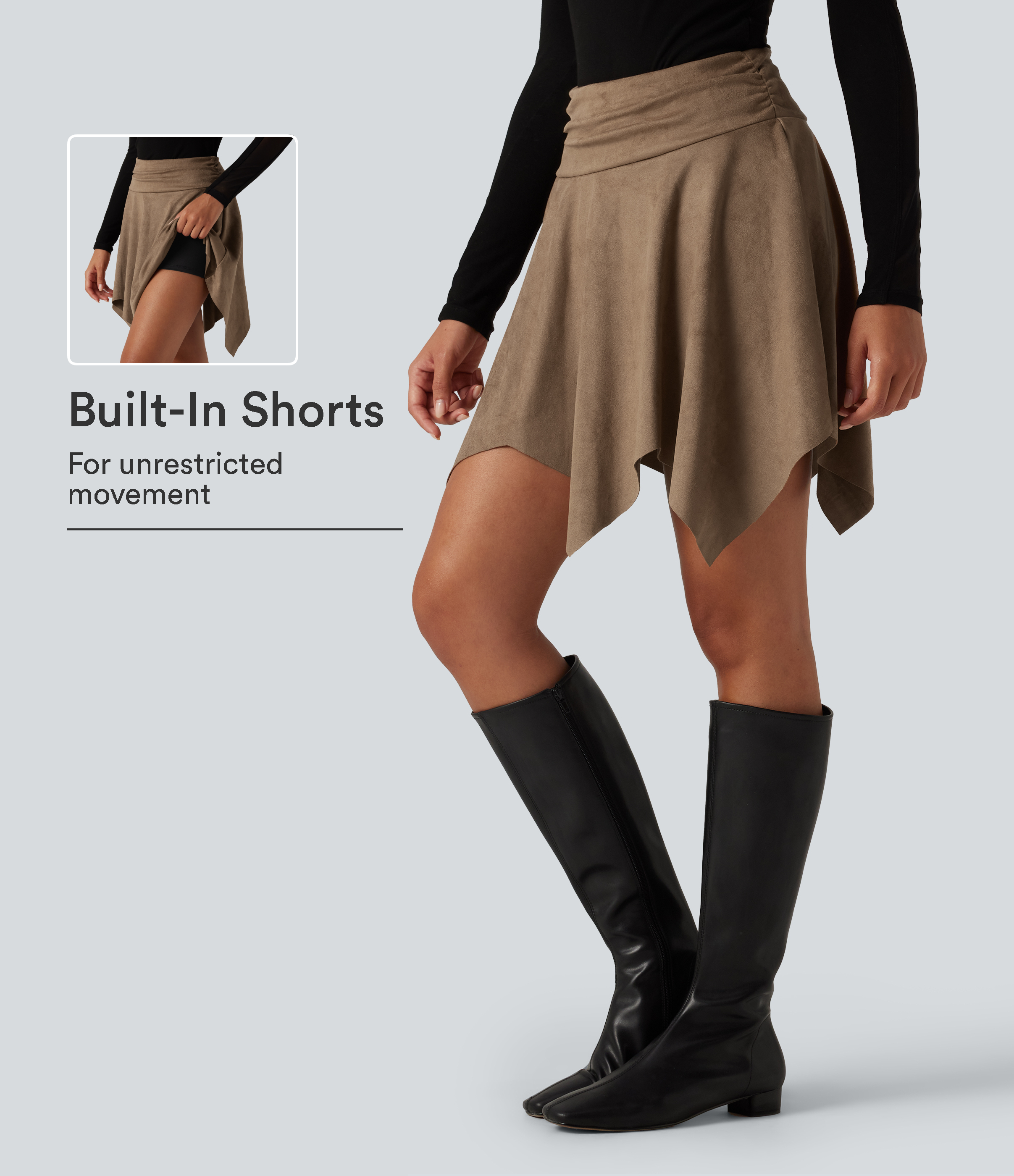 High Waisted Ruched Asymmetric A Line 2-in-1  Mini Casual Skirt