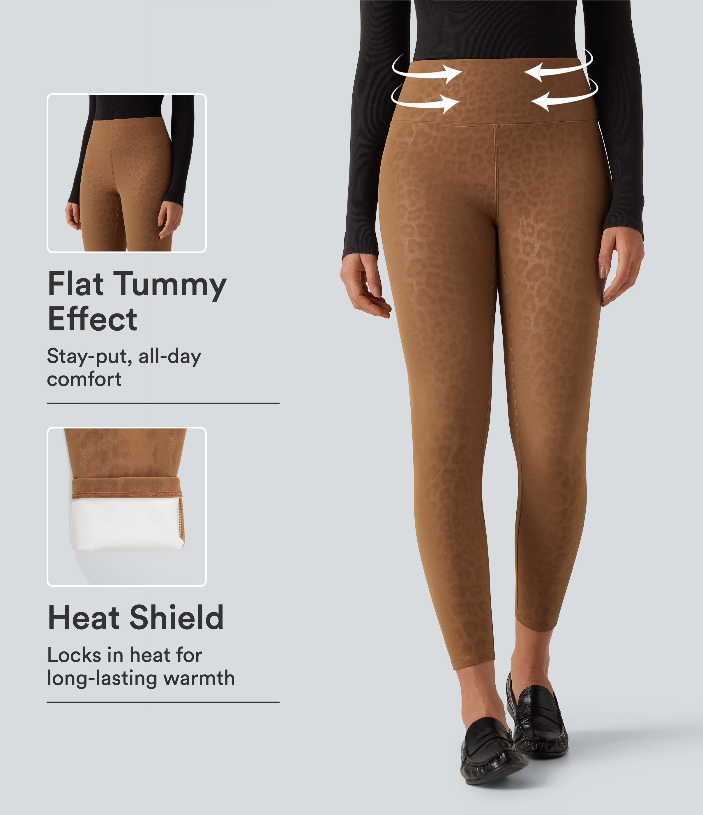 High Waisted Tummy Control Stretchy PU Leopard Print Fleece Casual Leggings with Pockets