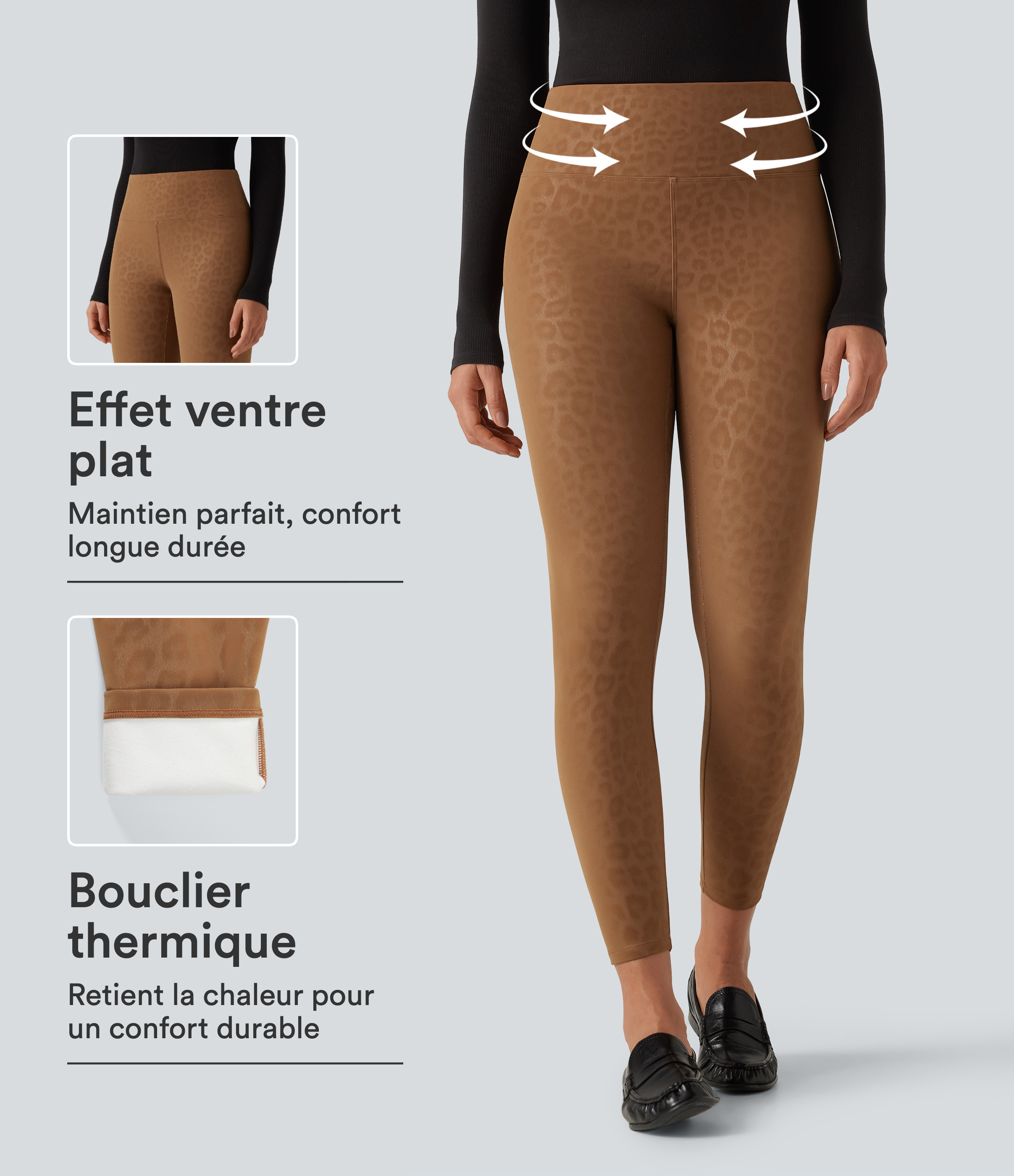 Legging taille haute gainant en simili stretch imprimé léopard doublé polaire avec poches