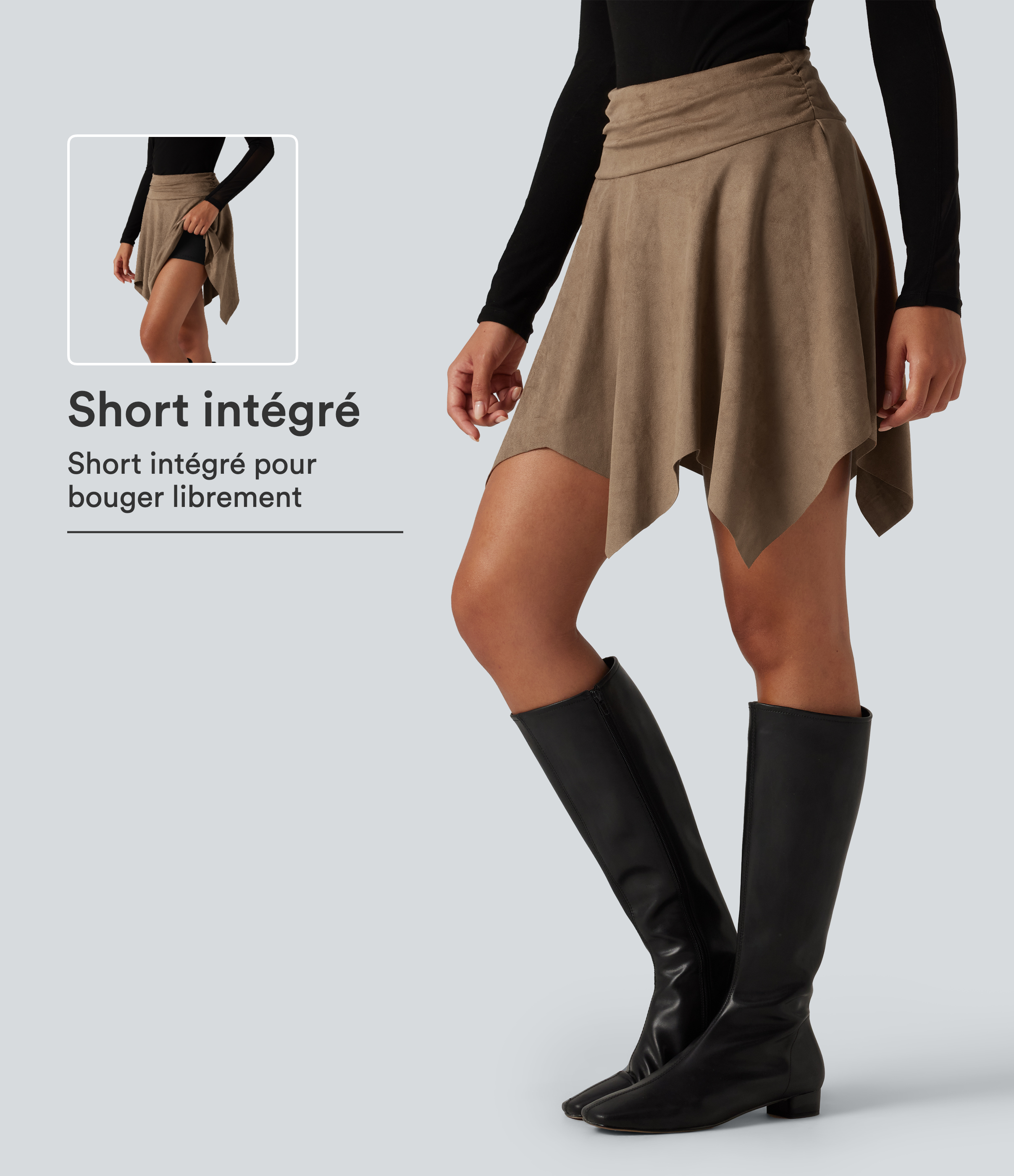 Jupe-short mini taille haute froncée asymétrique coupe trapèze