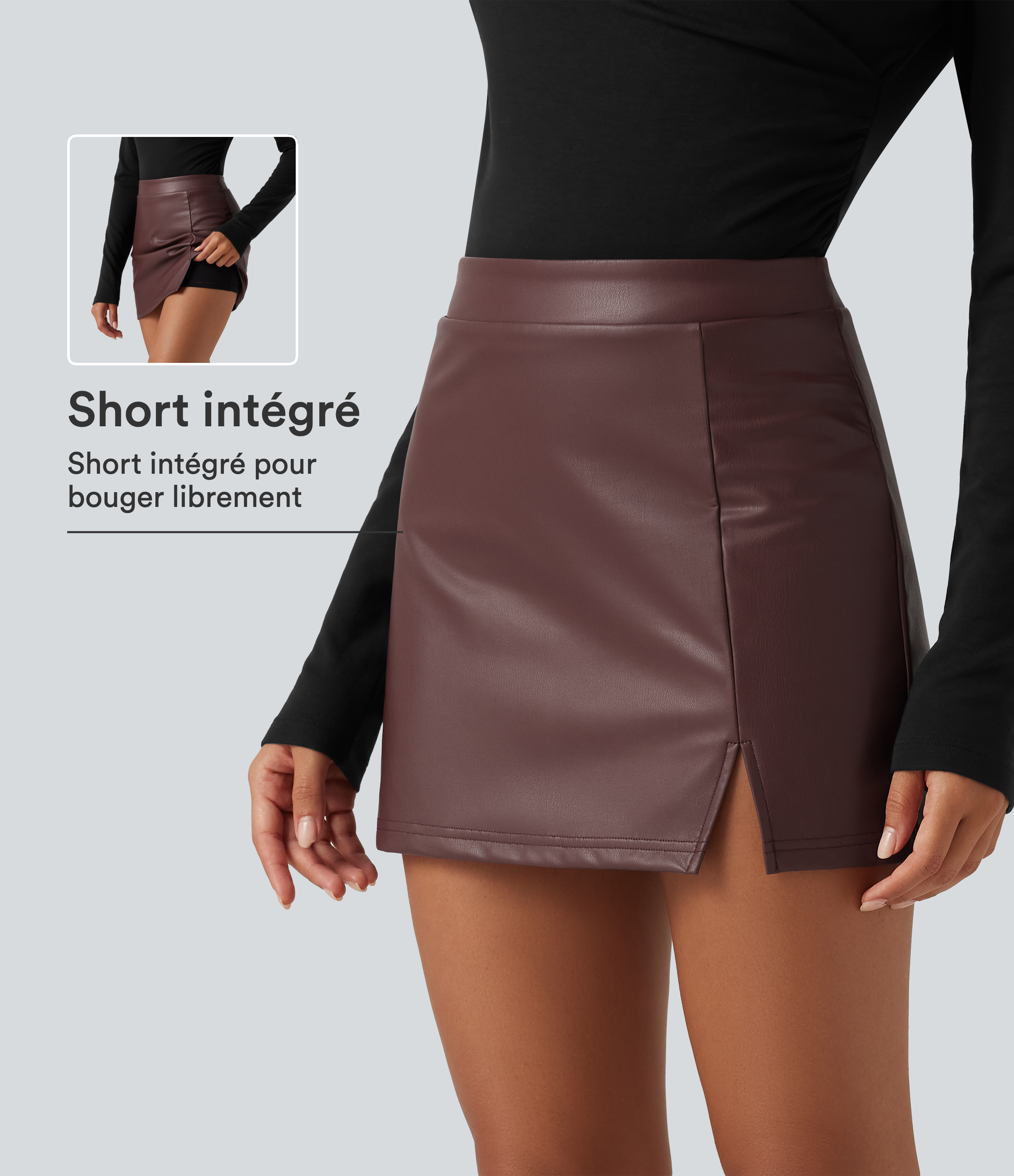 Jupe-short mini taille haute en simili avec doublure polaire