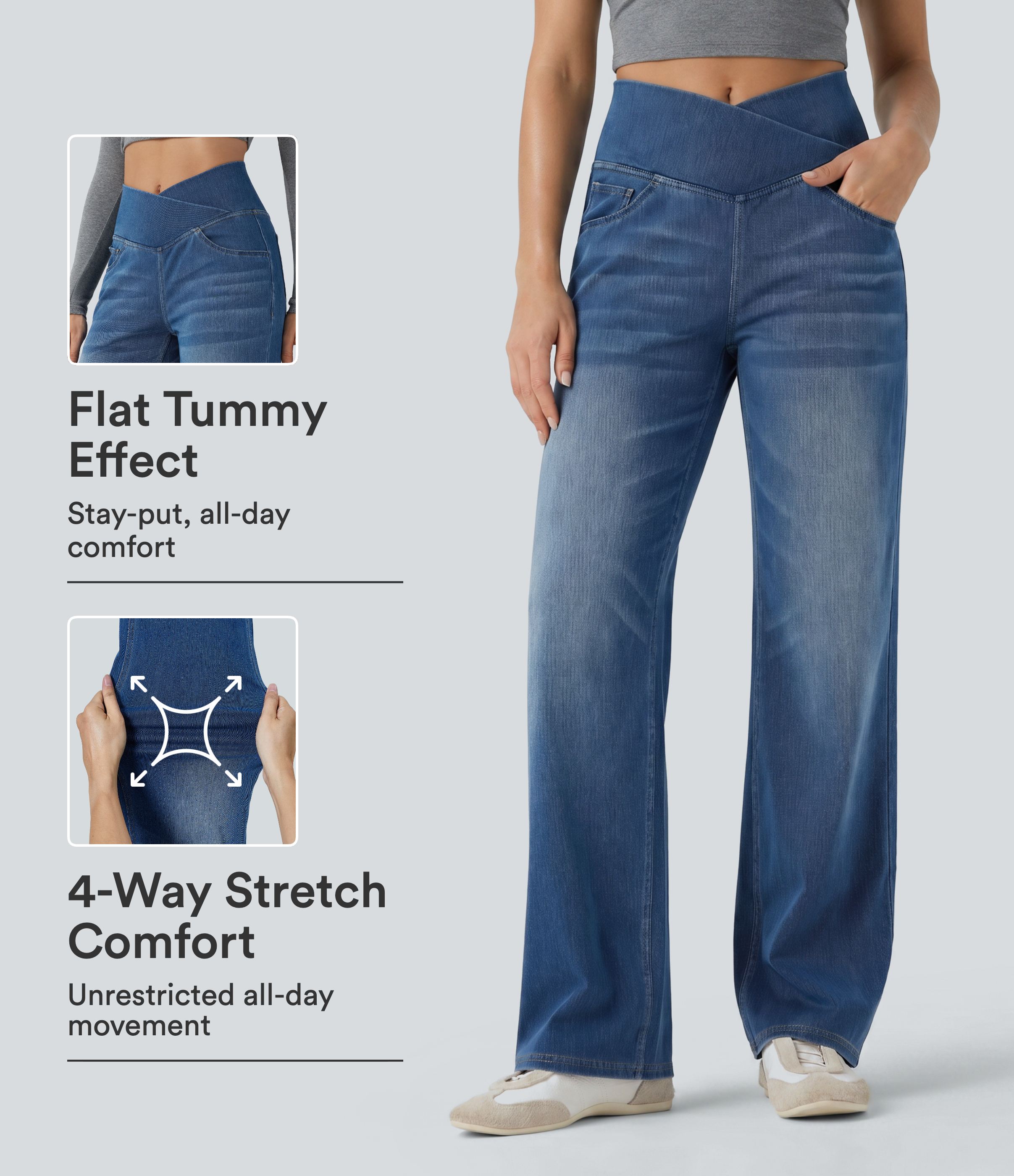 Halara Flex™ Crossover High Waisted Tummy Control Casual Straight Leg Jeans with Pockets
