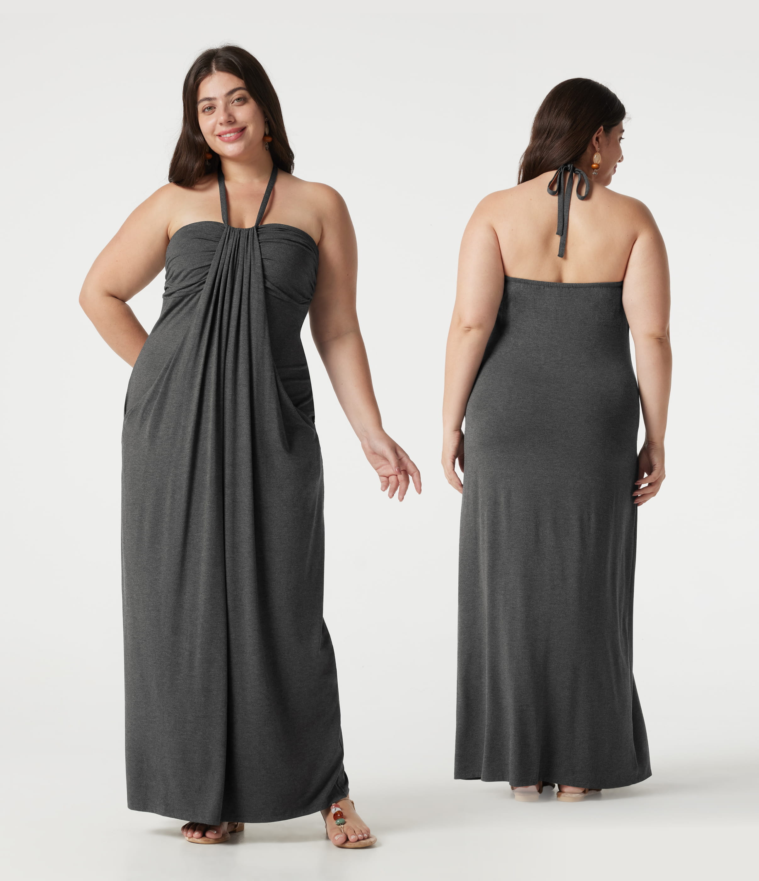 Plus Size Halter Tie Back Built-in Bra Maxi Dress with Pockets
