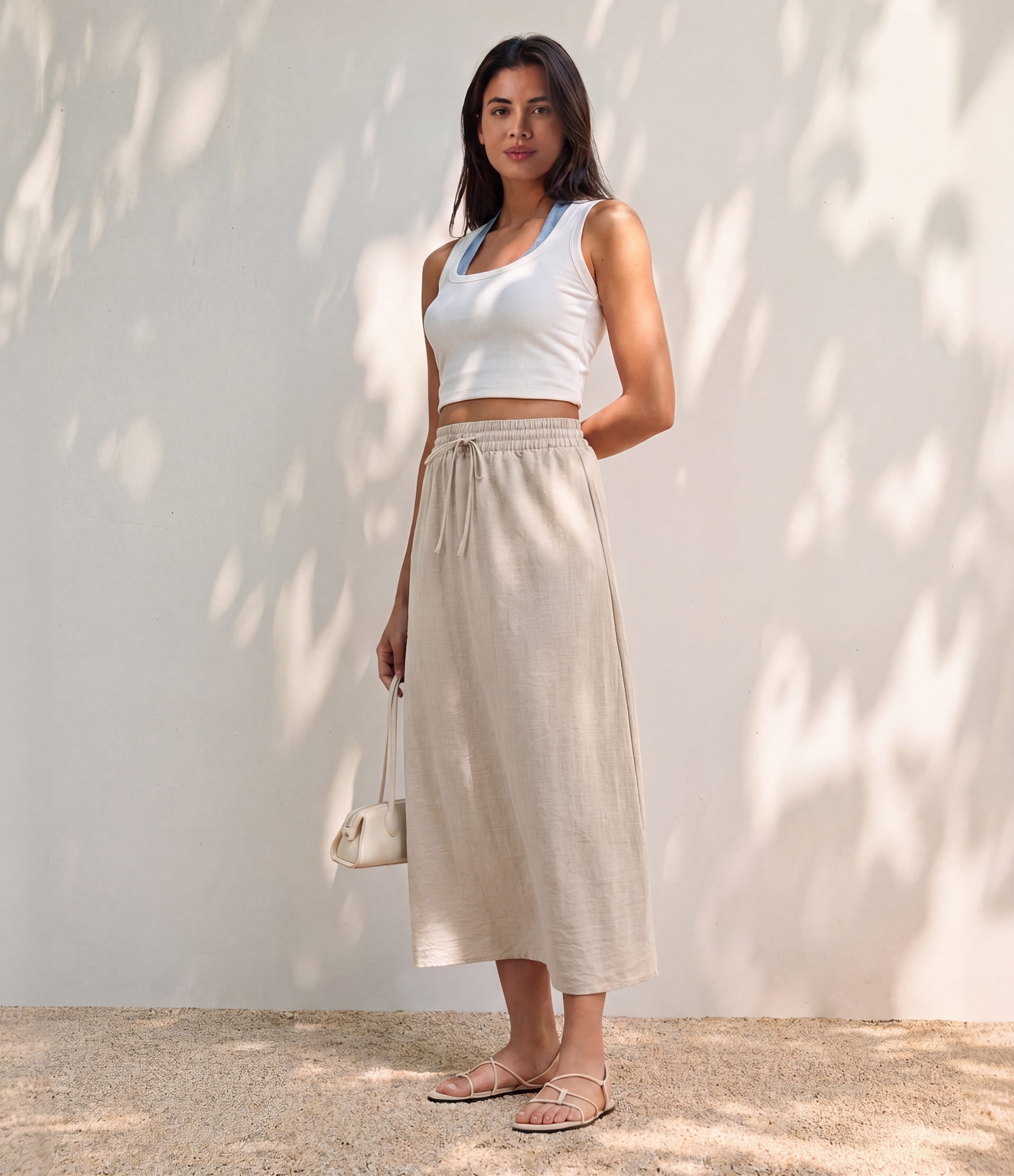Jupe longue casual aspect lin taille haute avec cordon de serrage