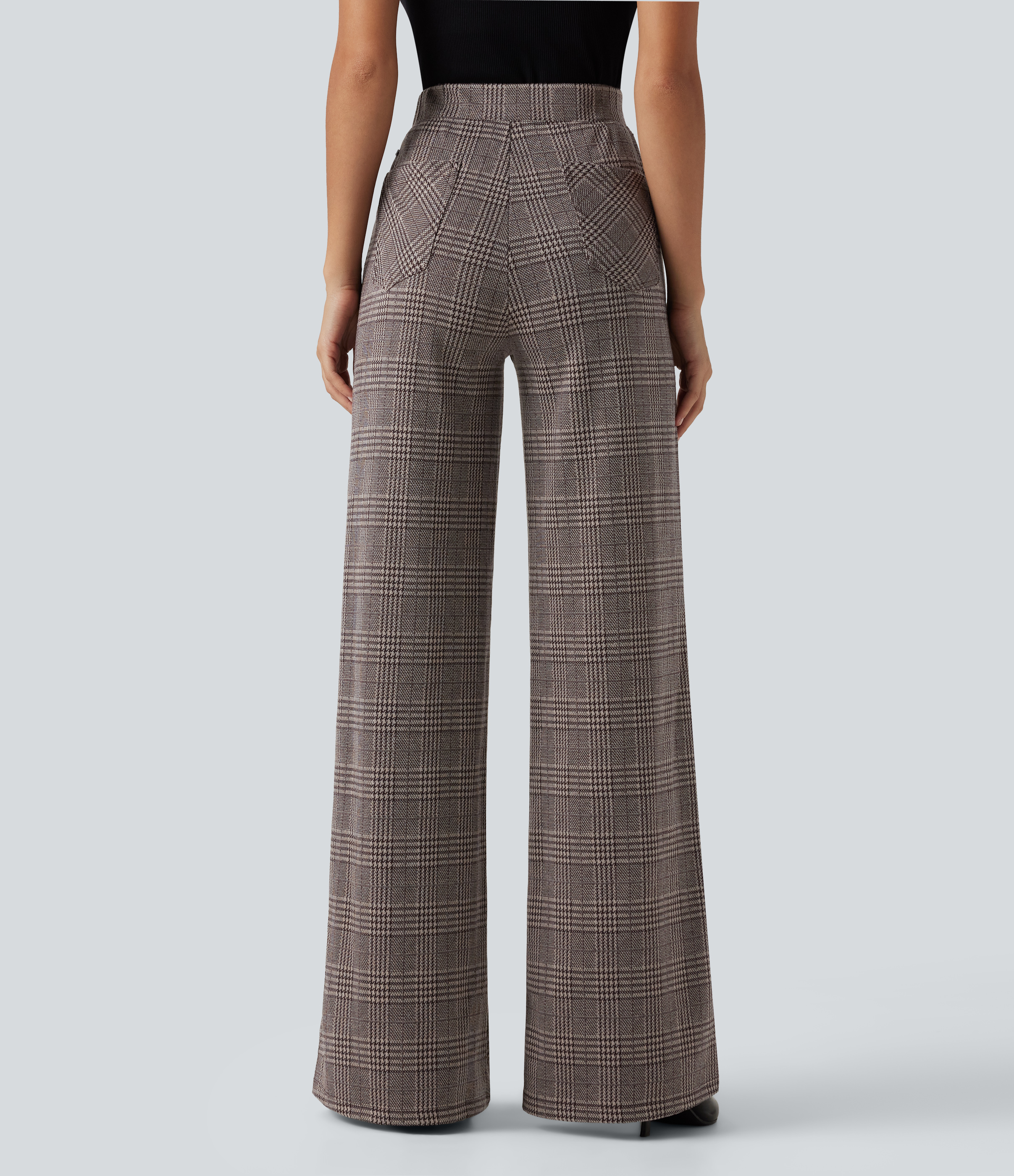 Brown Houndstooth Plaid High Waisted Wide Leg Plaid Casual Pants with Pockets / 2