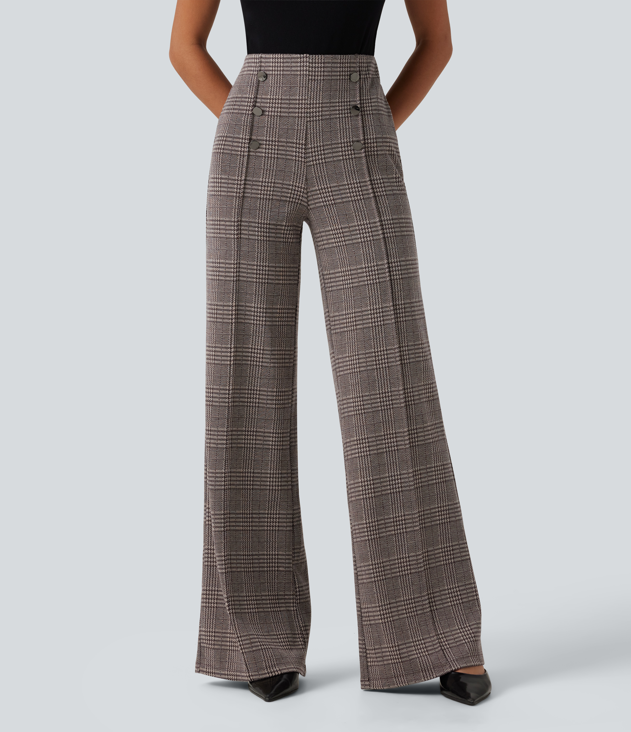 Pantalon large taille haute à carreaux avec poches