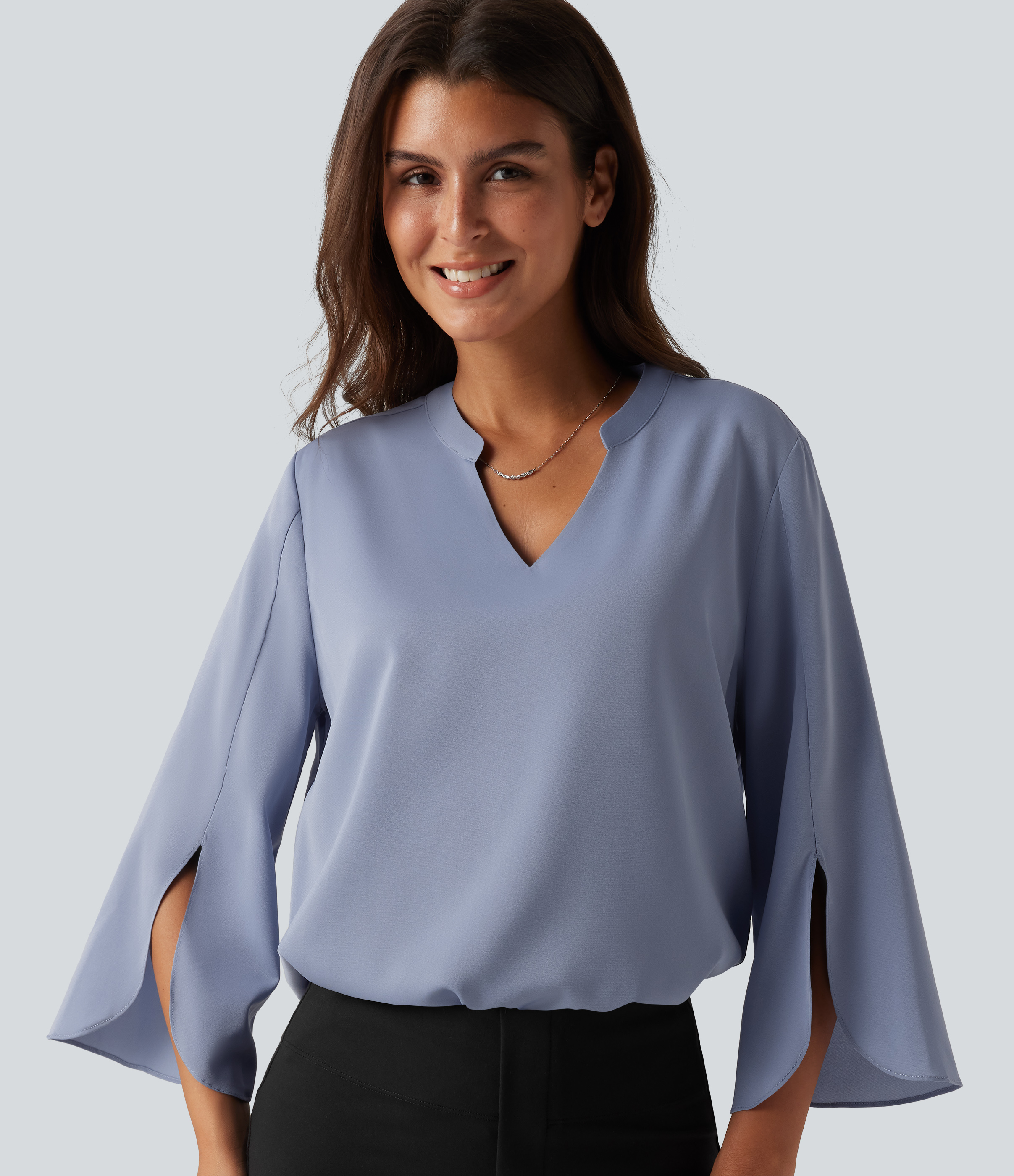 V Neck Flounce Long Sleeve Curved Hem Work Blouse