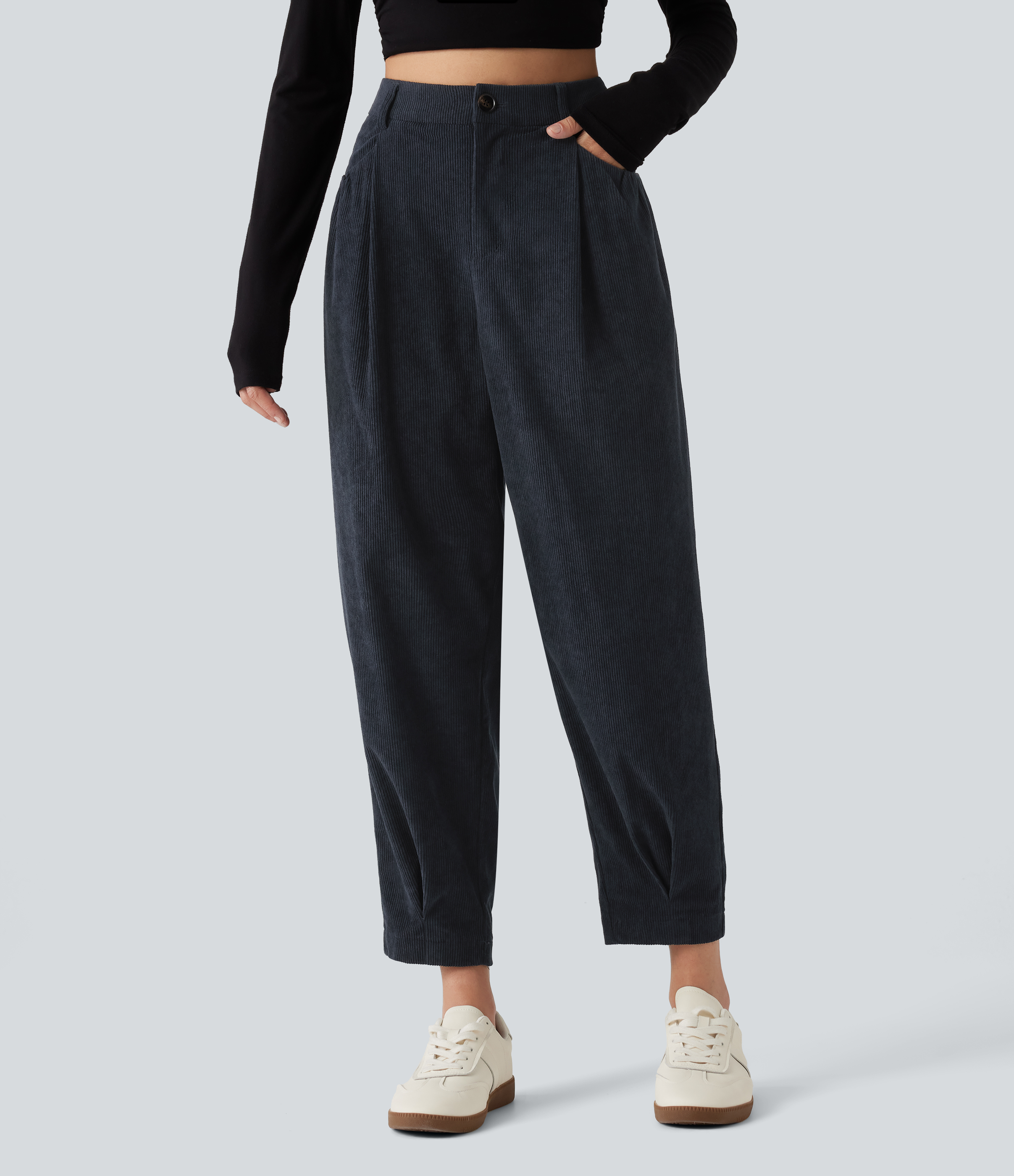 High Waisted Tapered Corduroy Casual Pants with Pockets