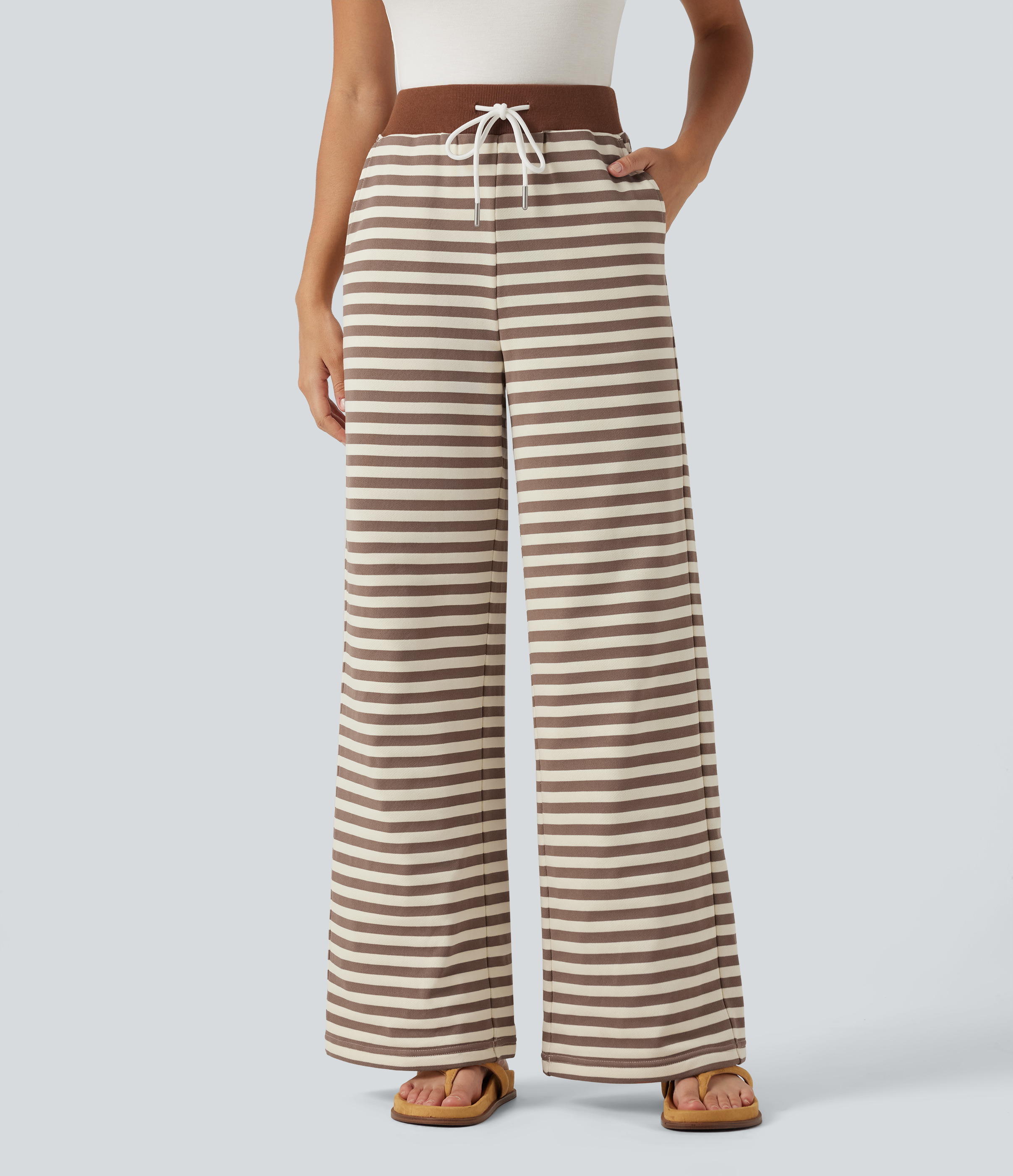 Mid Rise Drawstring Stripe Wide Leg Lounging Sweatpants with Pockets