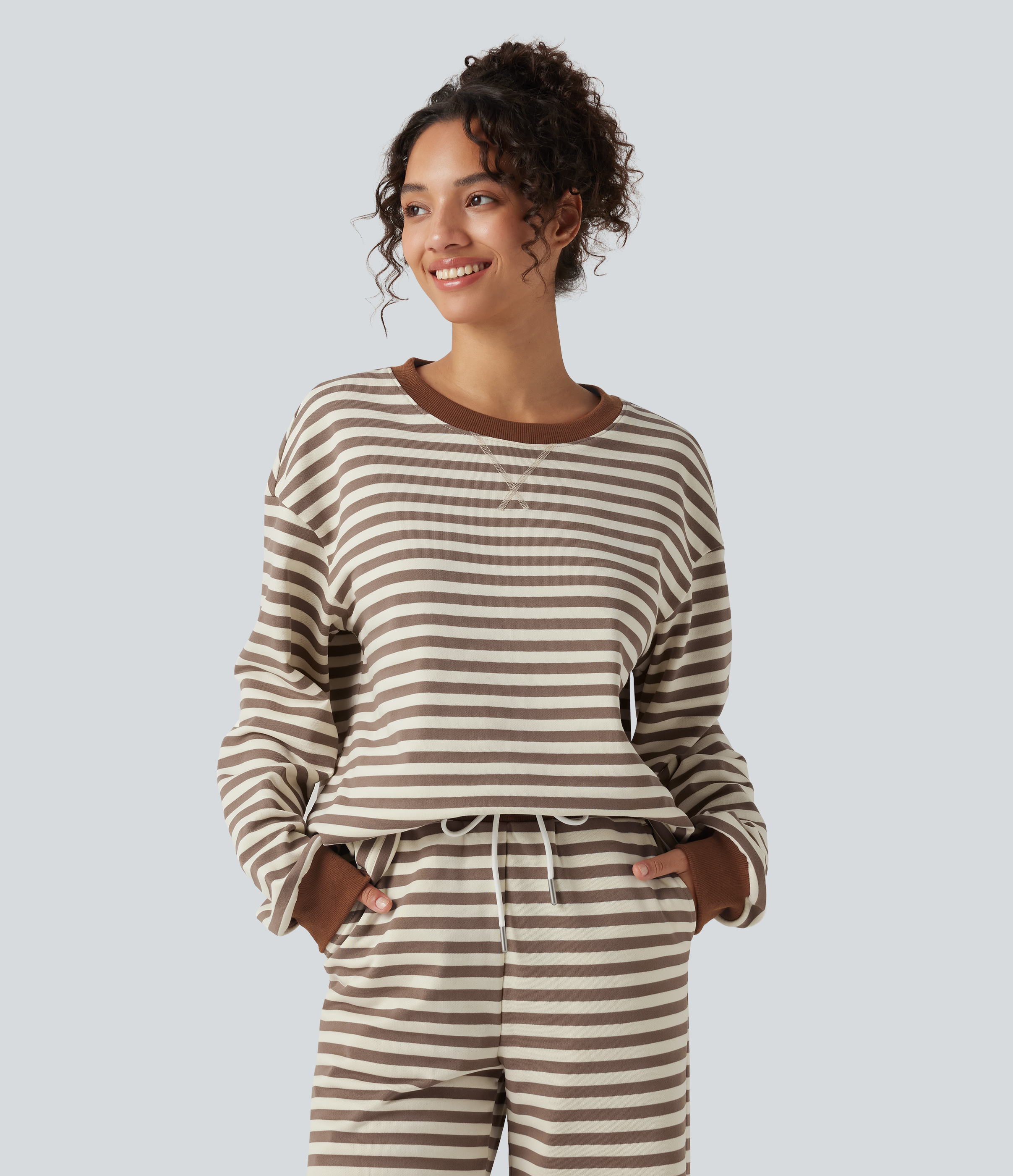 Round Neck Long Sleeve Striped Lounging Sweatshirt