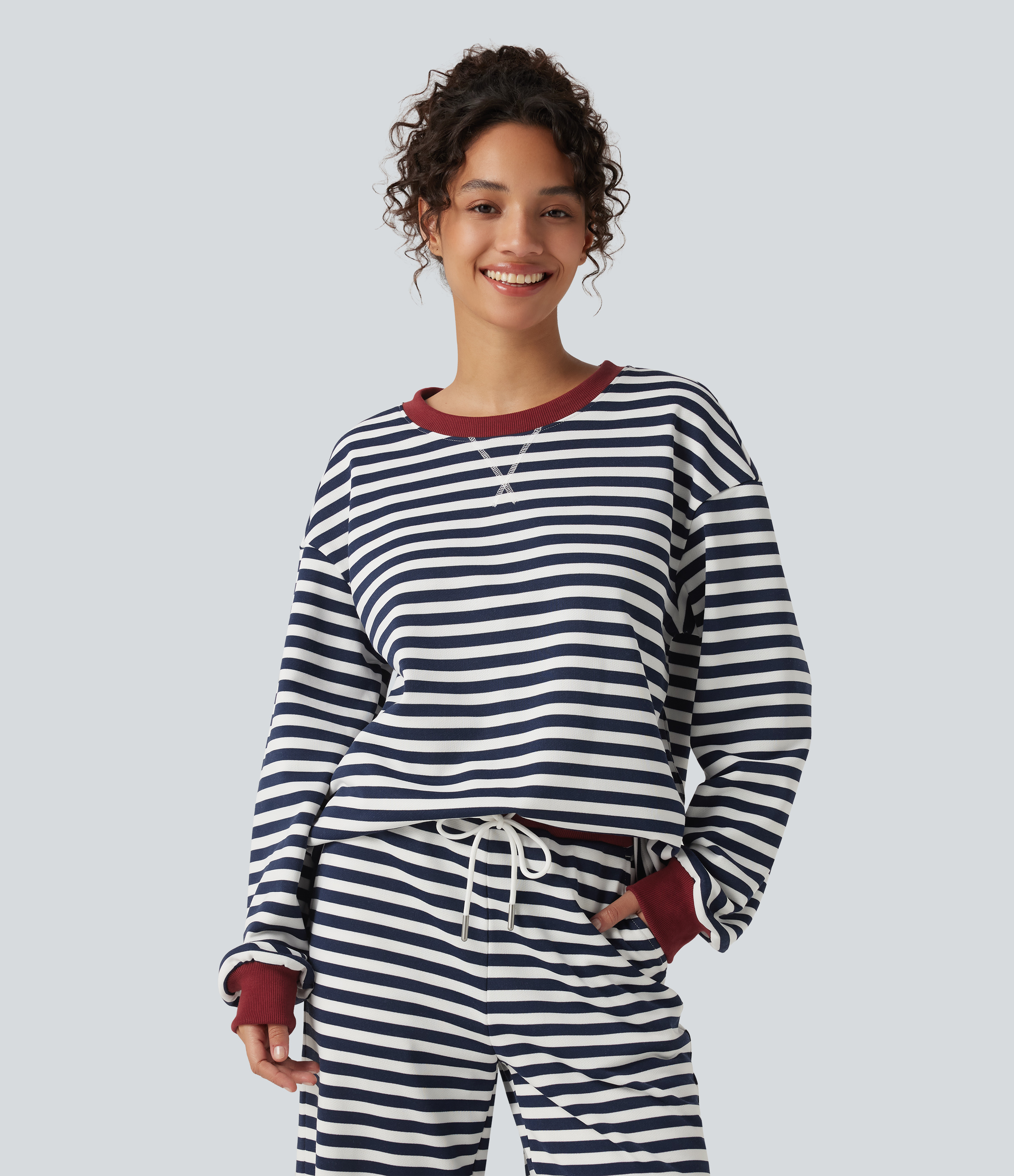 Round Neck Long Sleeve Striped Lounging Sweatshirt