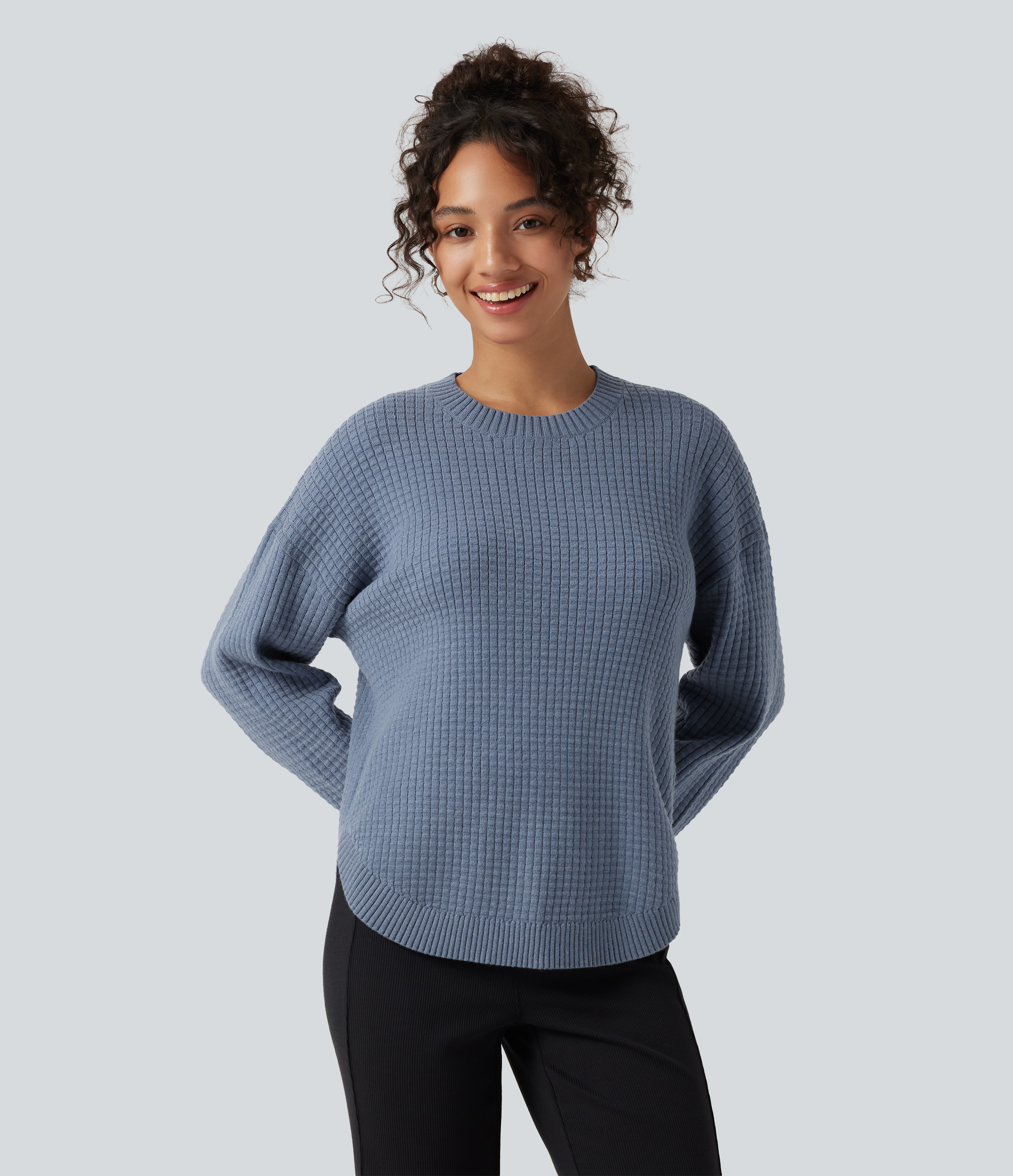 Round Neck Long Sleeve Curved Hem Work Sweater