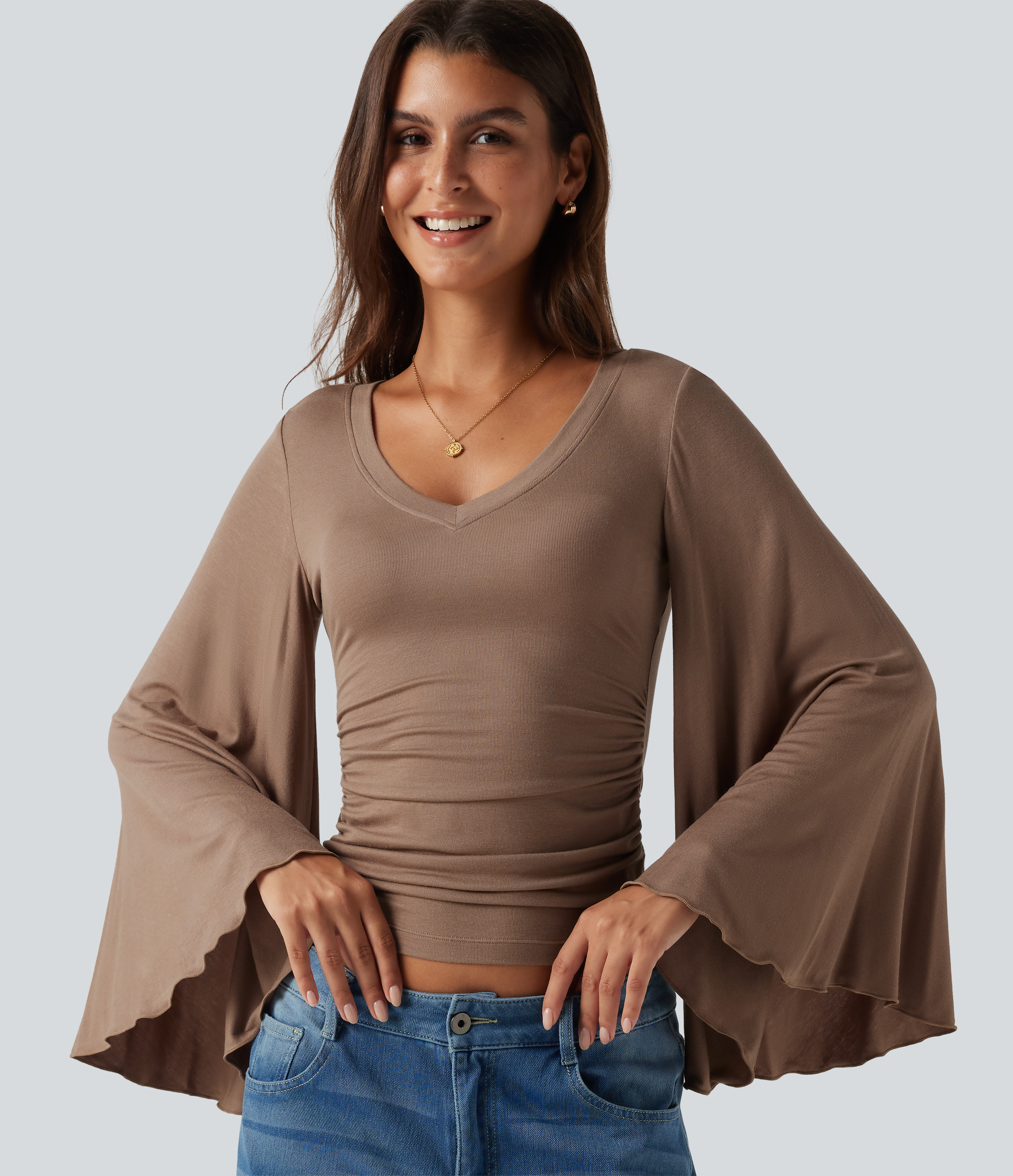 Ribbed V Neck Flounce Sleeve Ruched Casual T-Shirt
