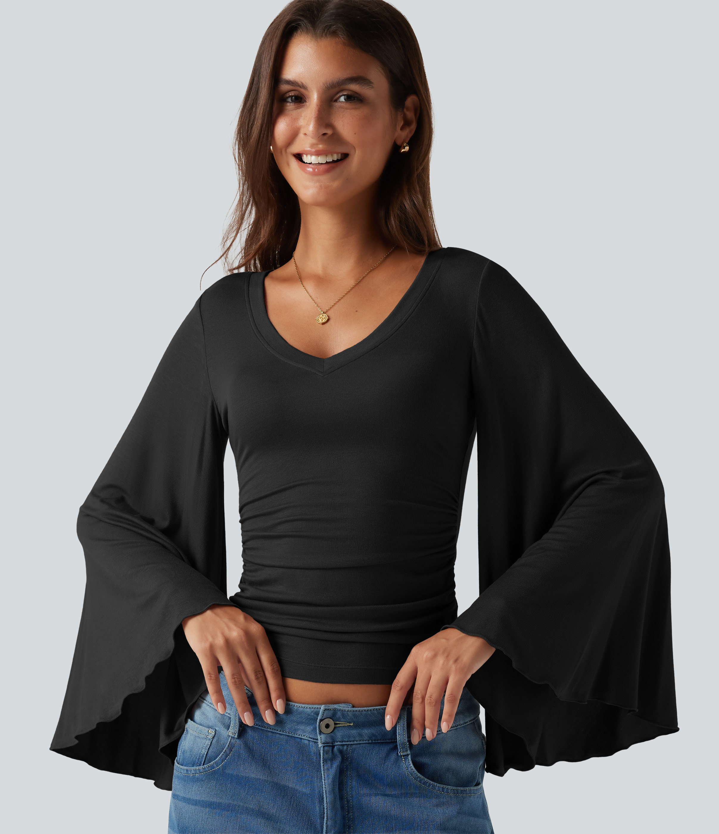 Ribbed V Neck Flounce Sleeve Ruched Casual T-Shirt