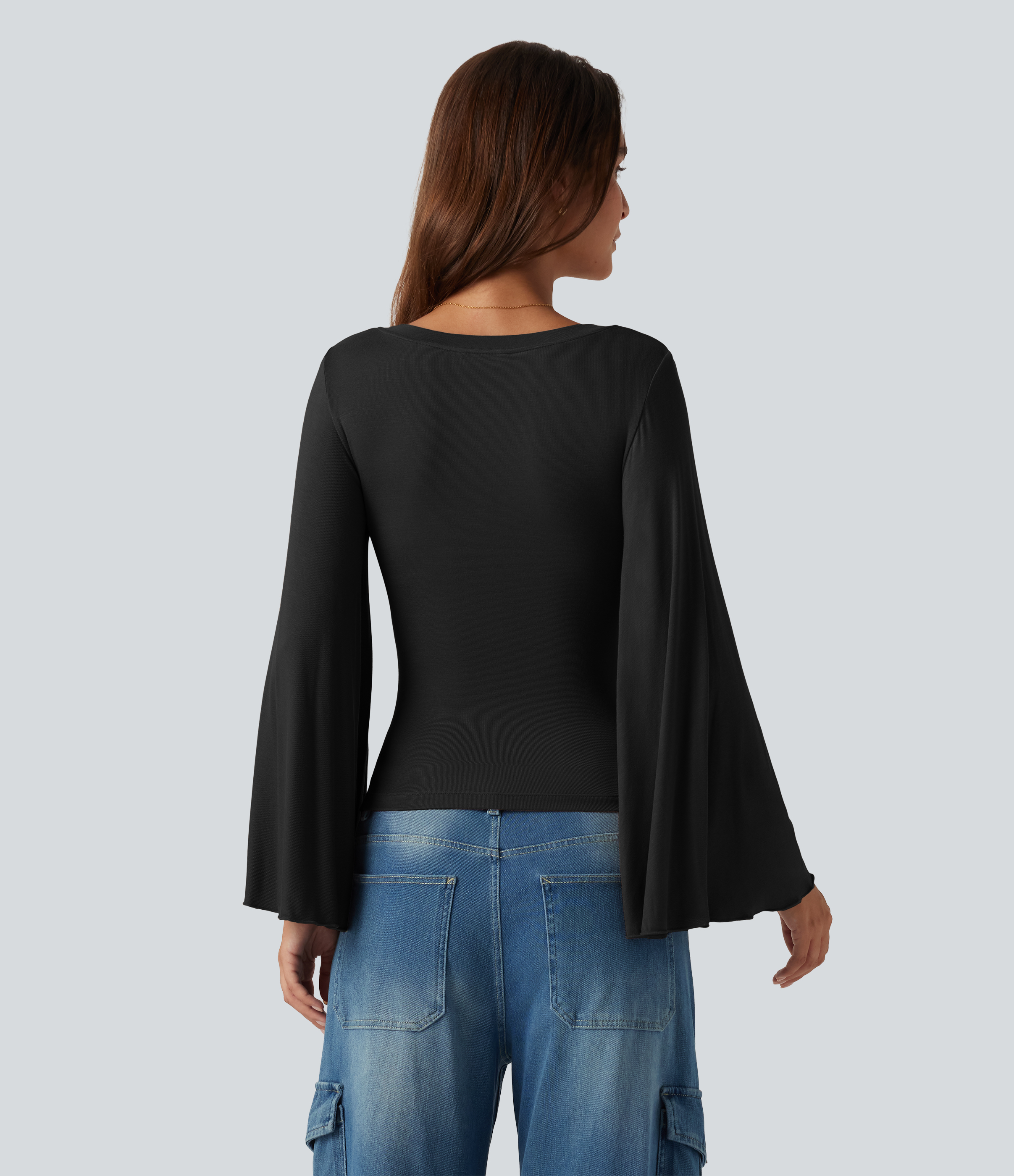 Noir T-shirt côtelé à col V, manches à volants et fronces / 2
