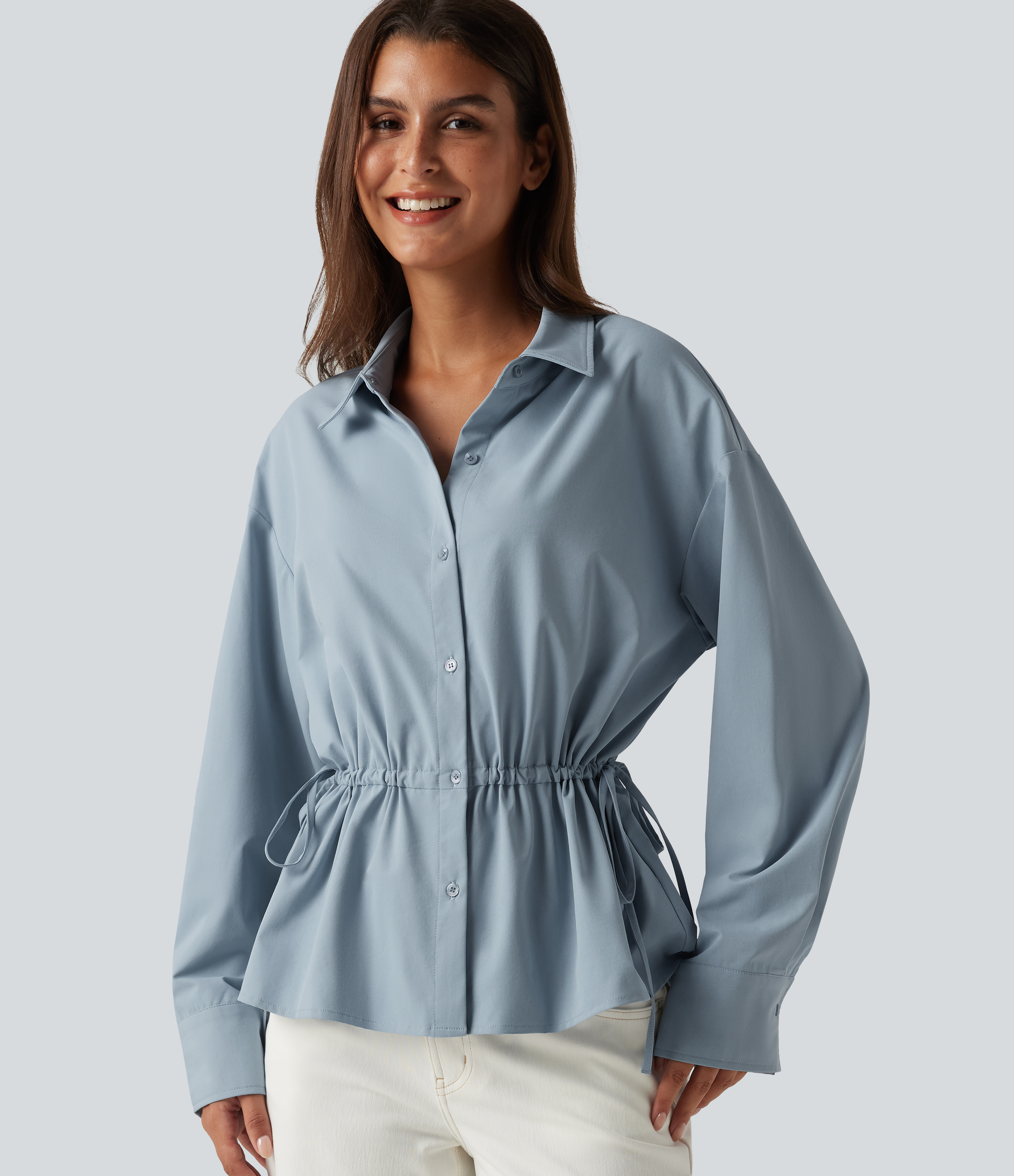 Long Sleeve Ruched Drawstring Casual Shirt