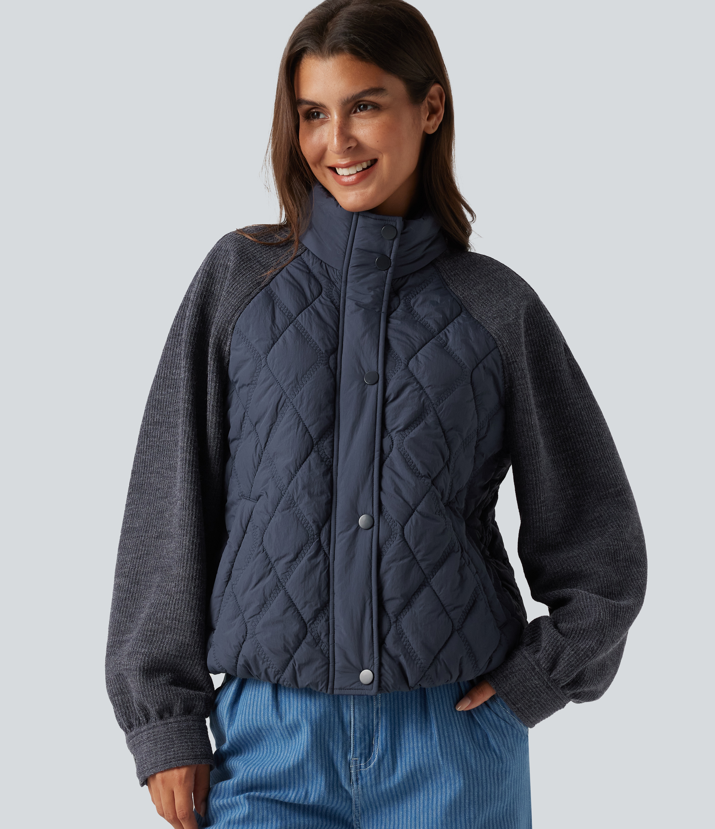 High Neck Long Sleeve Raglan Casual Padded Jacket with Pockets
