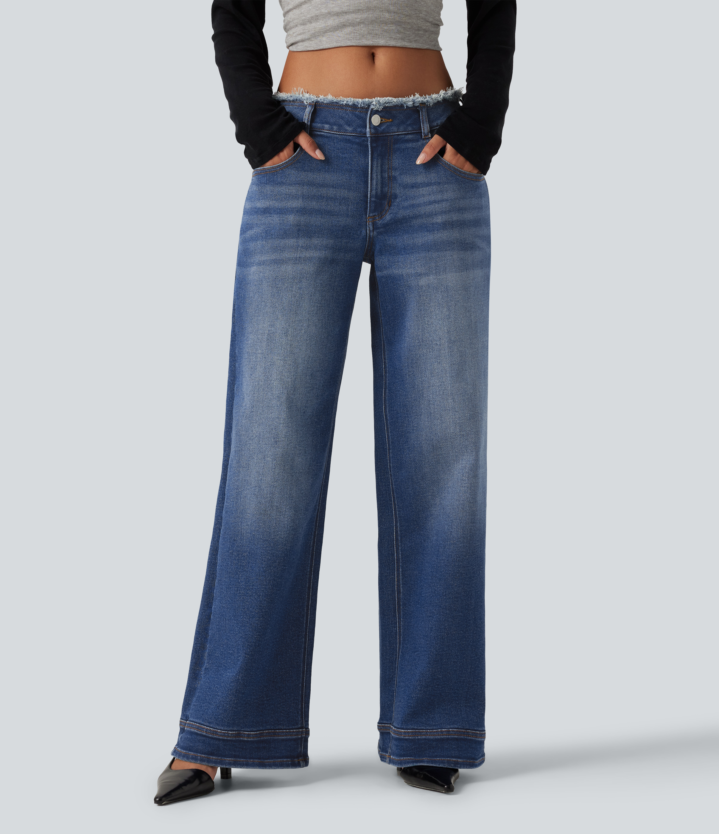 Low Rise Raw Hem Wide Leg Casual Jeans with Pockets
