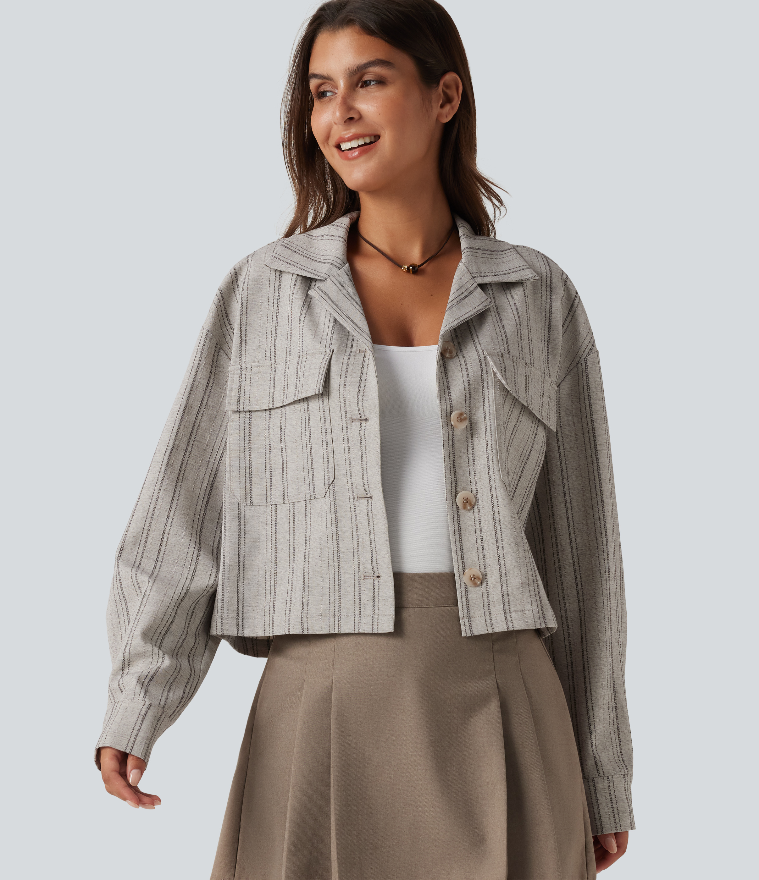 Collared Long Sleeve Stripe Casual Linen-Feel Jacket with Pockets