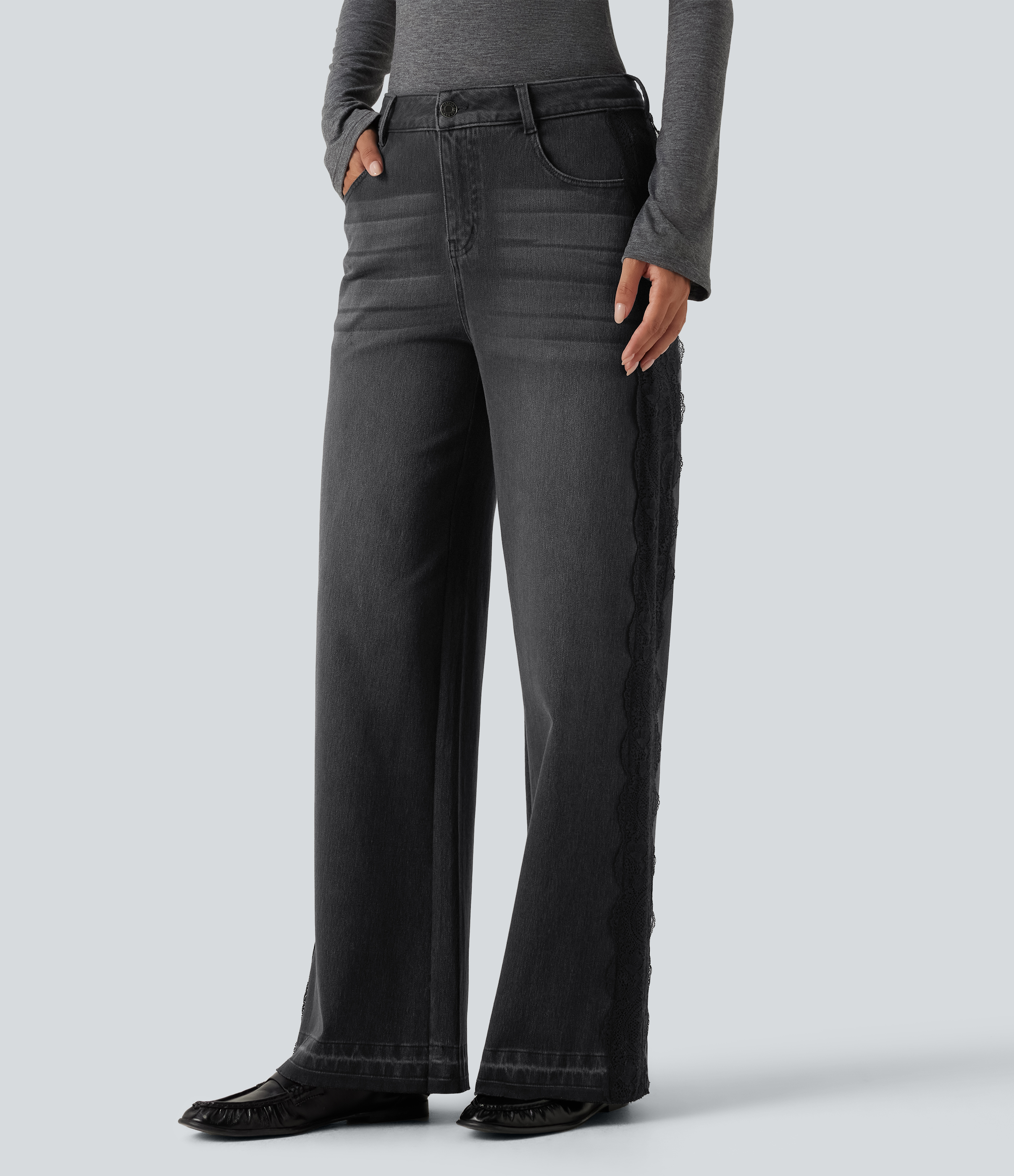 Halara Flex™ High Waisted Contrast Lace Baggy Casual Jeans with Pockets