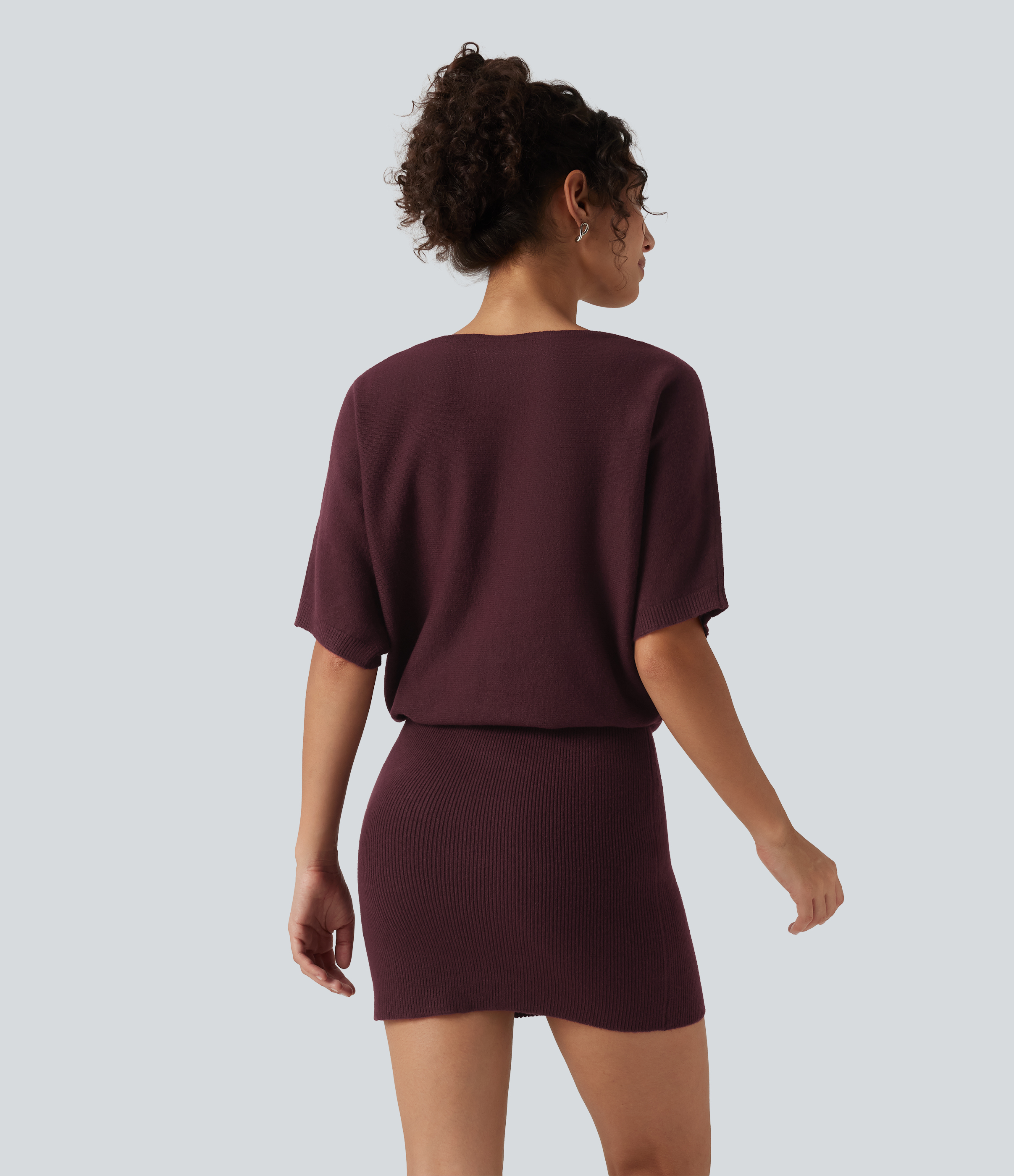 Wine Red Ribbed Knit Boat Neck Batwing Short Sleeve Loose fit Mini Casual Dress / 2