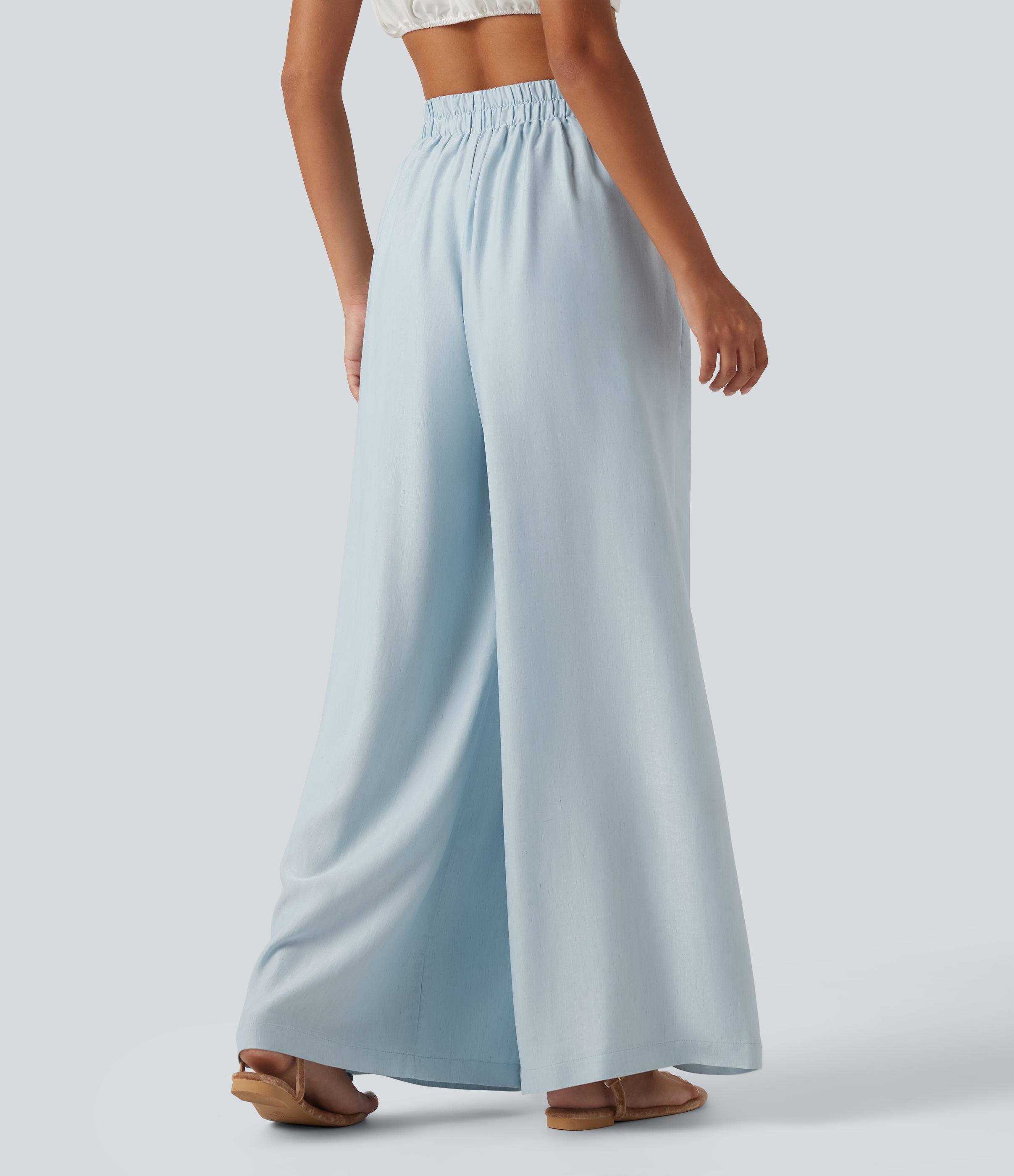 Illusion Blue High Waisted 2-in-1 Tie Side Baggy Linen-Blend Pants with Pockets / 2