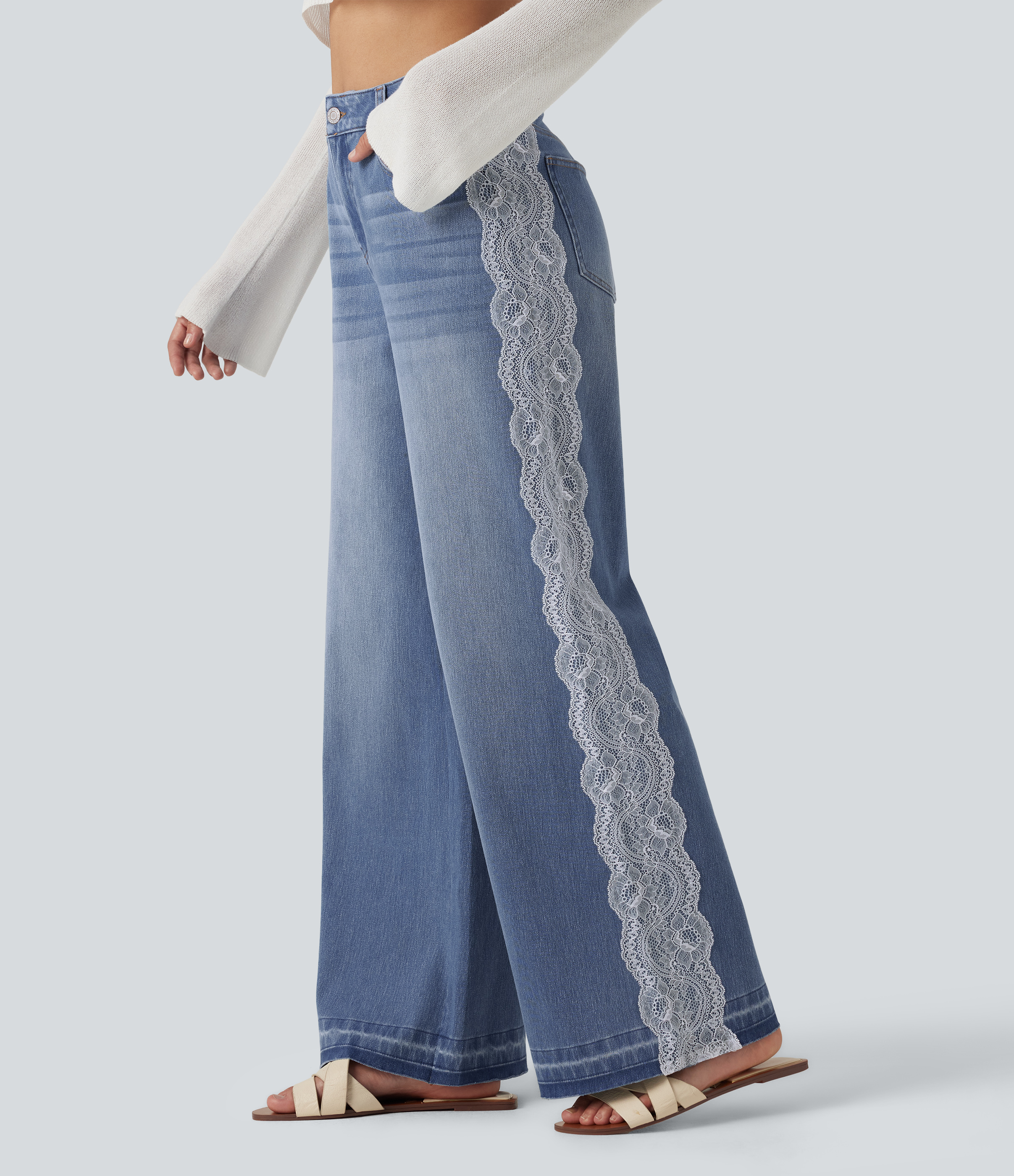 Halara Flex™ High Waisted Contrast Lace Baggy Casual Jeans with Pockets