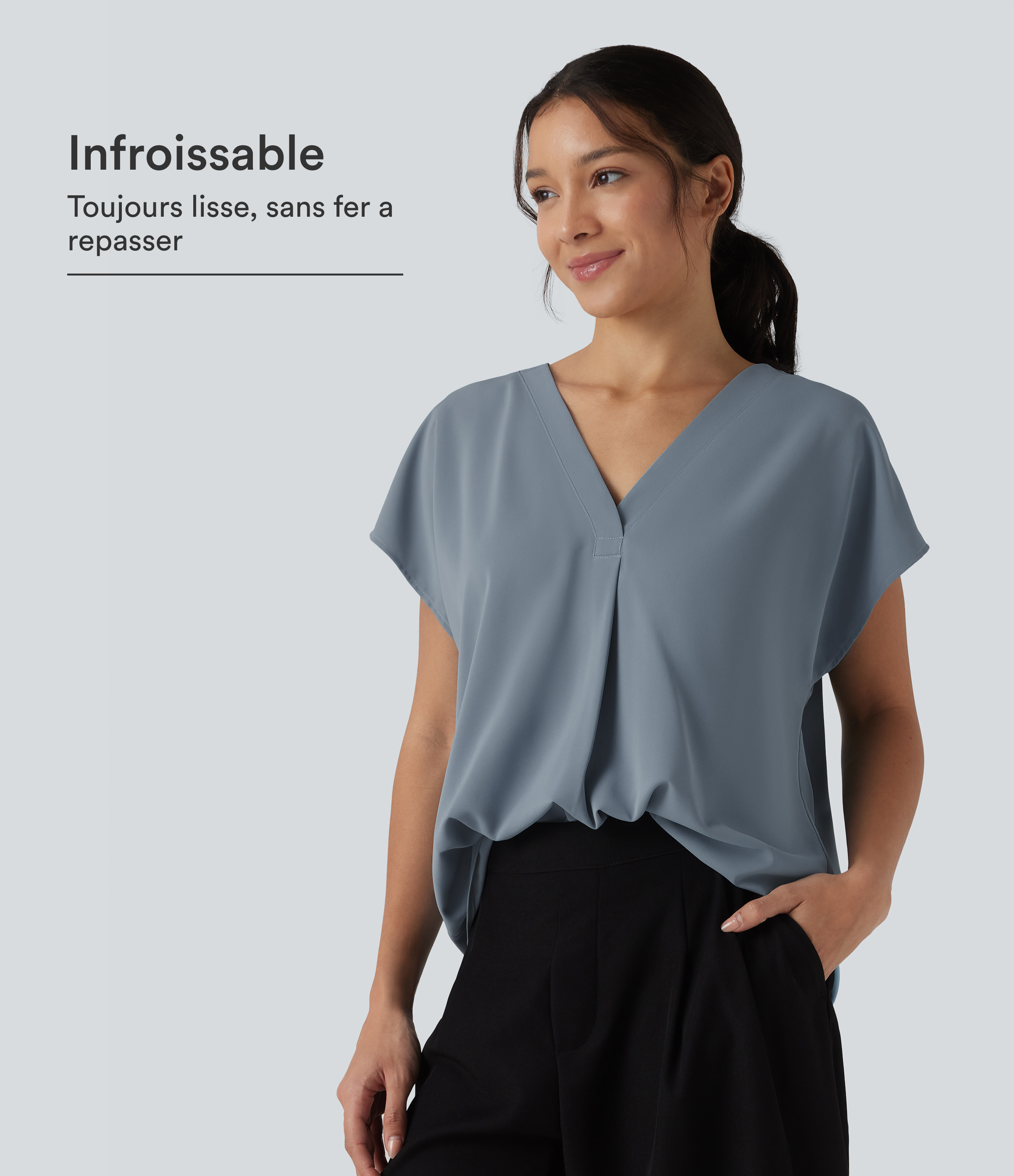 Blouse esprit bureau oversize défroissage facile, col V et manches courtes