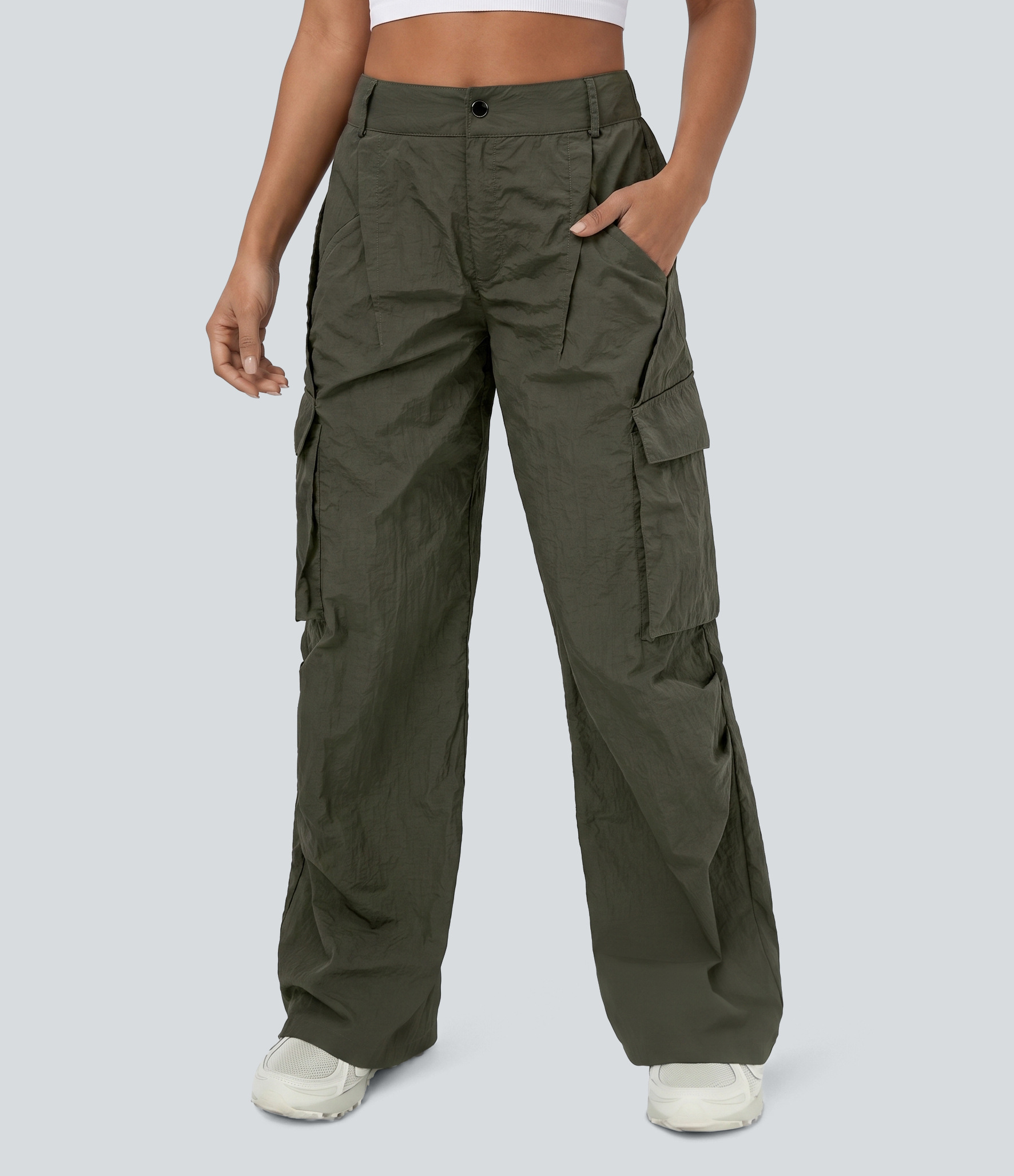 Mid Rise Button Zipper Side Pocket Wide Leg Baggy Casual Cargo Pants